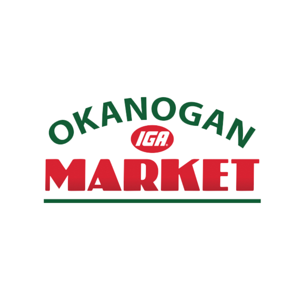 Logo for Okangan IGA Market with the words in green, red, and white.