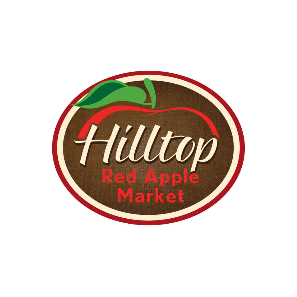 Logo for Hilltop Red Apple Market featuring a red apple graphic and text.
