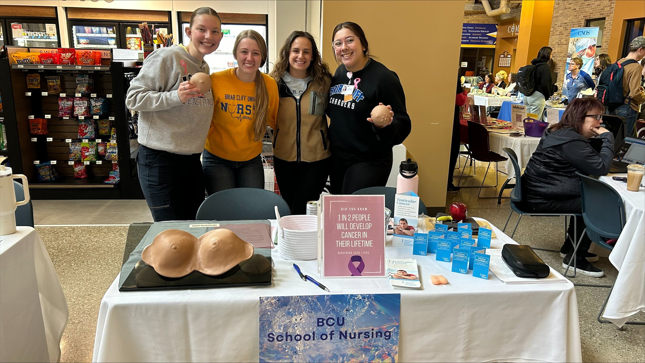  The BCU Nursing students (Veronica Pitzl, Michaela Lange, Katie Baker, and Kirsten Martinez) showed what breast and testicular cancer feels like so participants know what to look for on their own.&nbsp;&nbsp;&nbsp; 