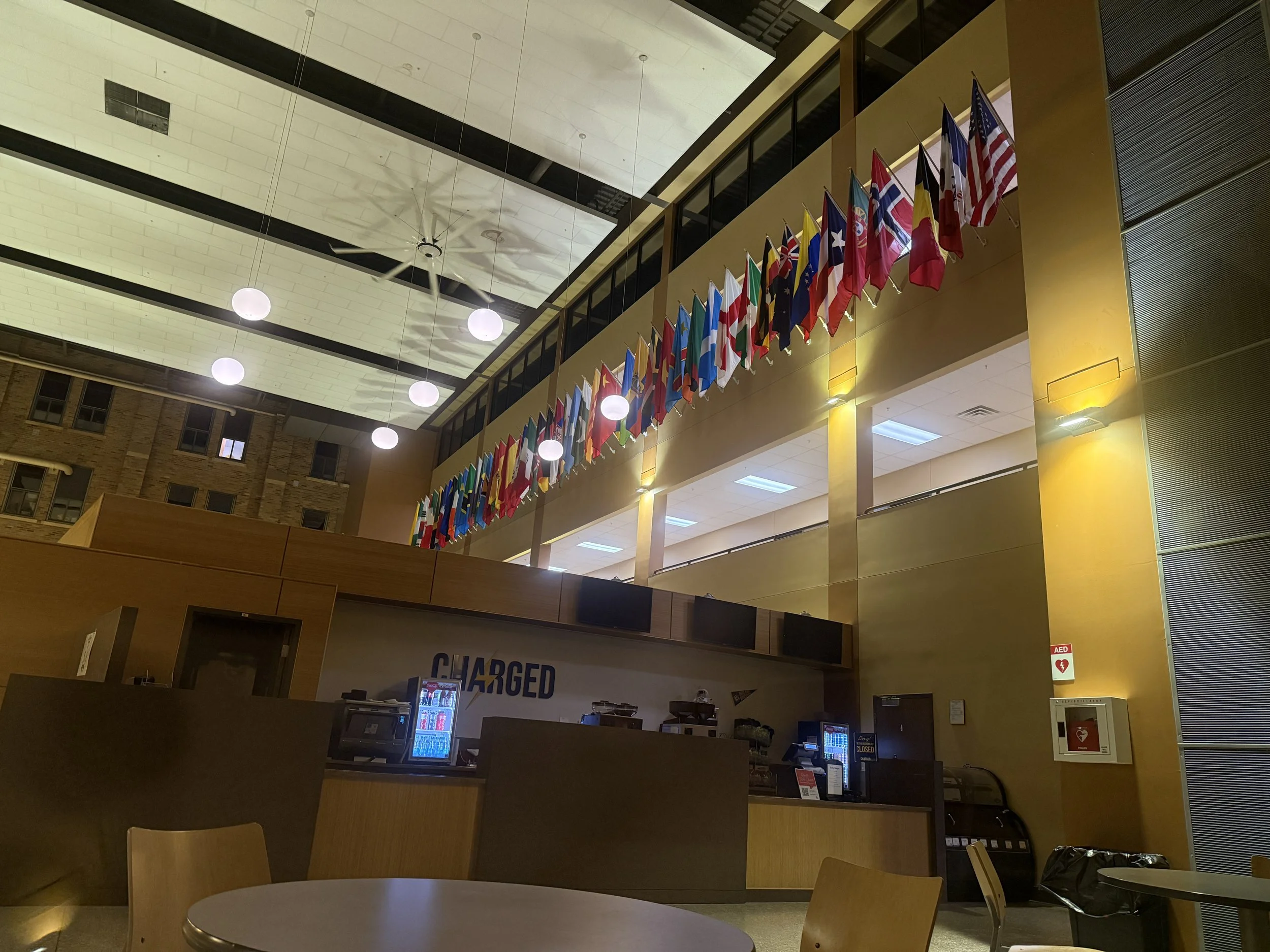 Worldwide flags in Heelan Hall.