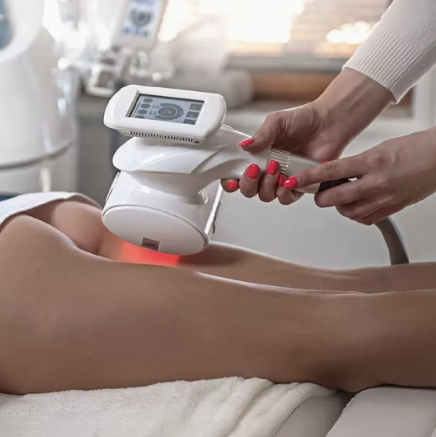 Non-invasive V-NINE body contouring and skin-smoothing session on legs at Lipo Lounge Jax in Jacksonville, FL.