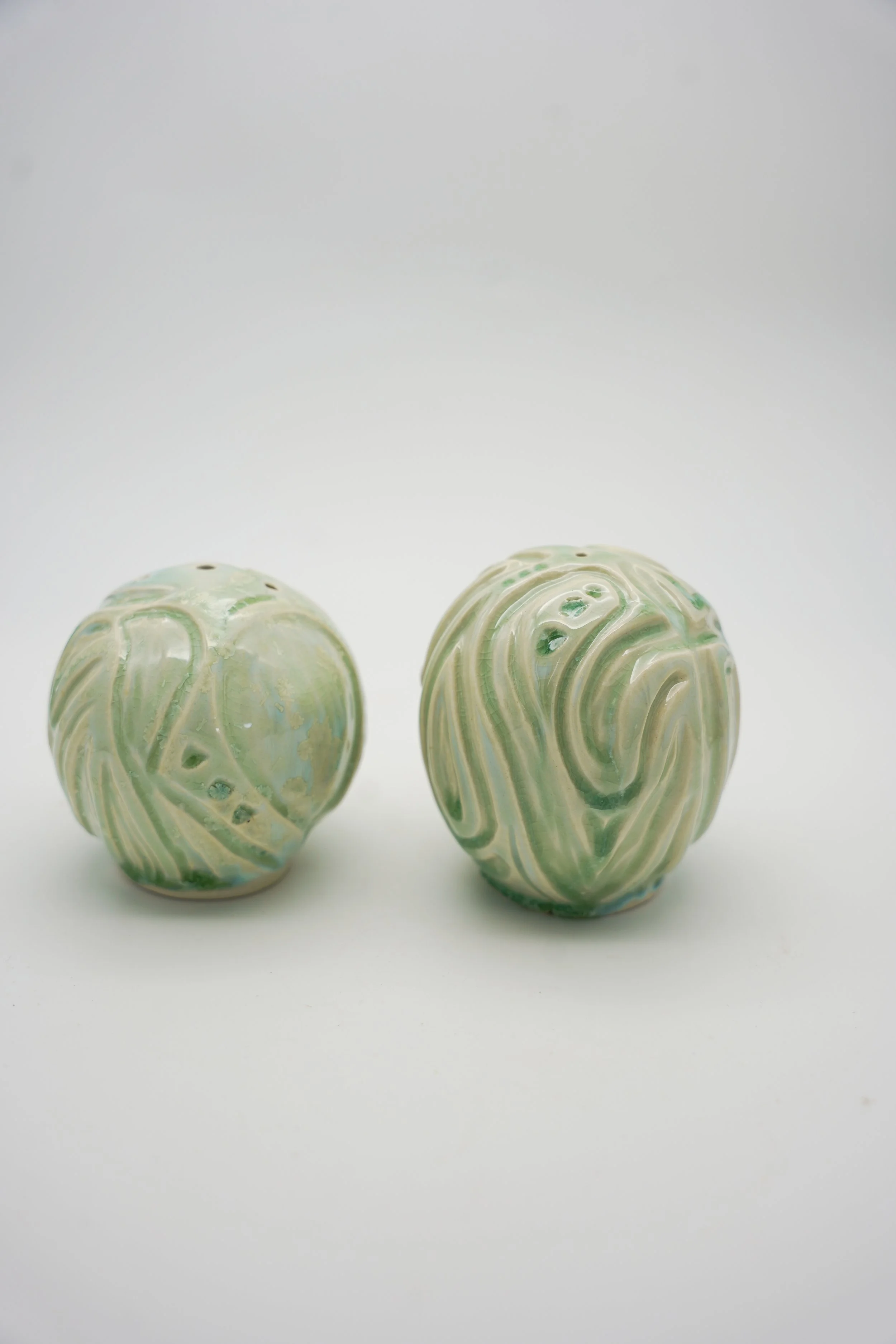 Carved Salt & Pepper Shakers in Celadon