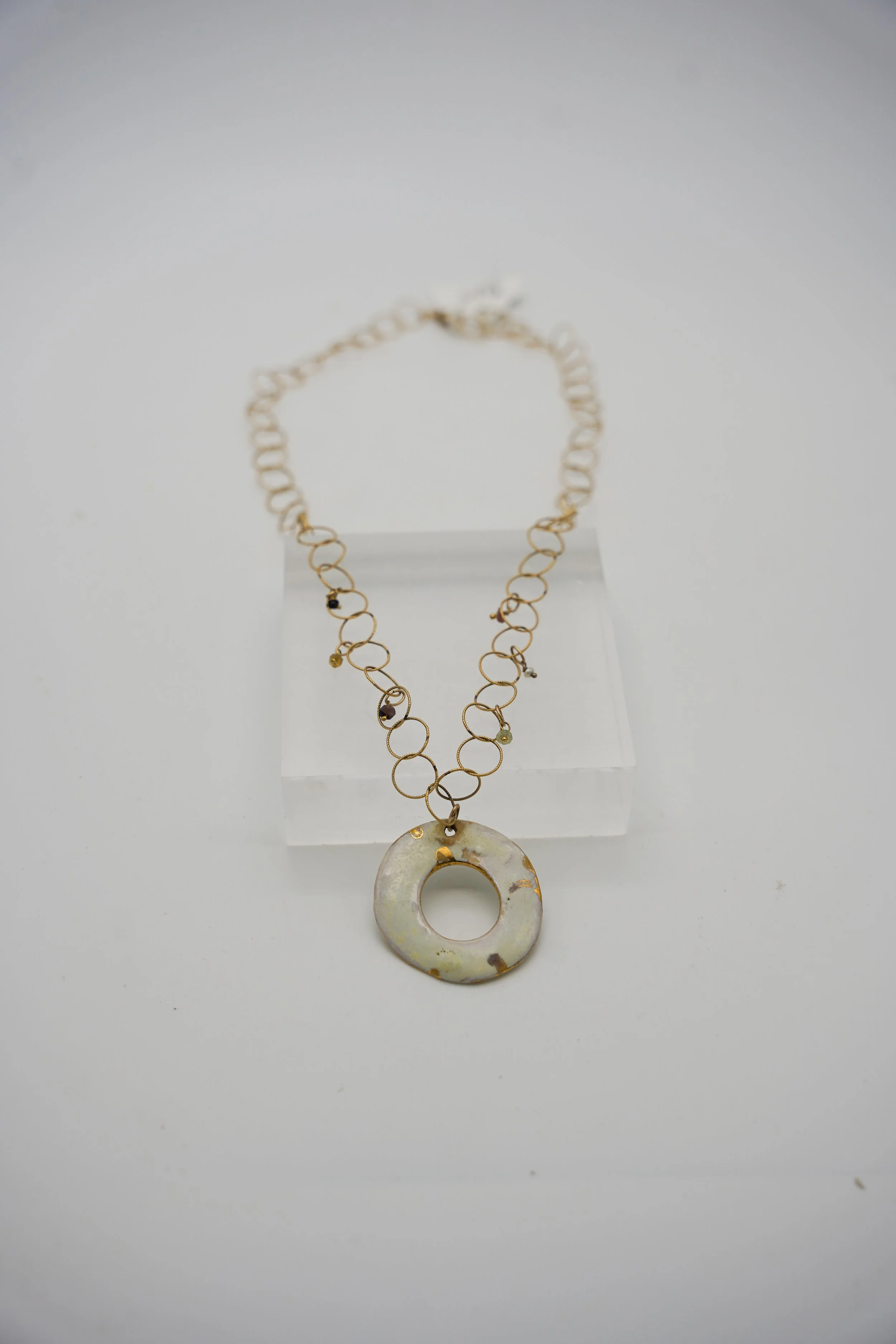 Large Disc on Gold Filled Beaded Round Cable Chain in Crystal Cream