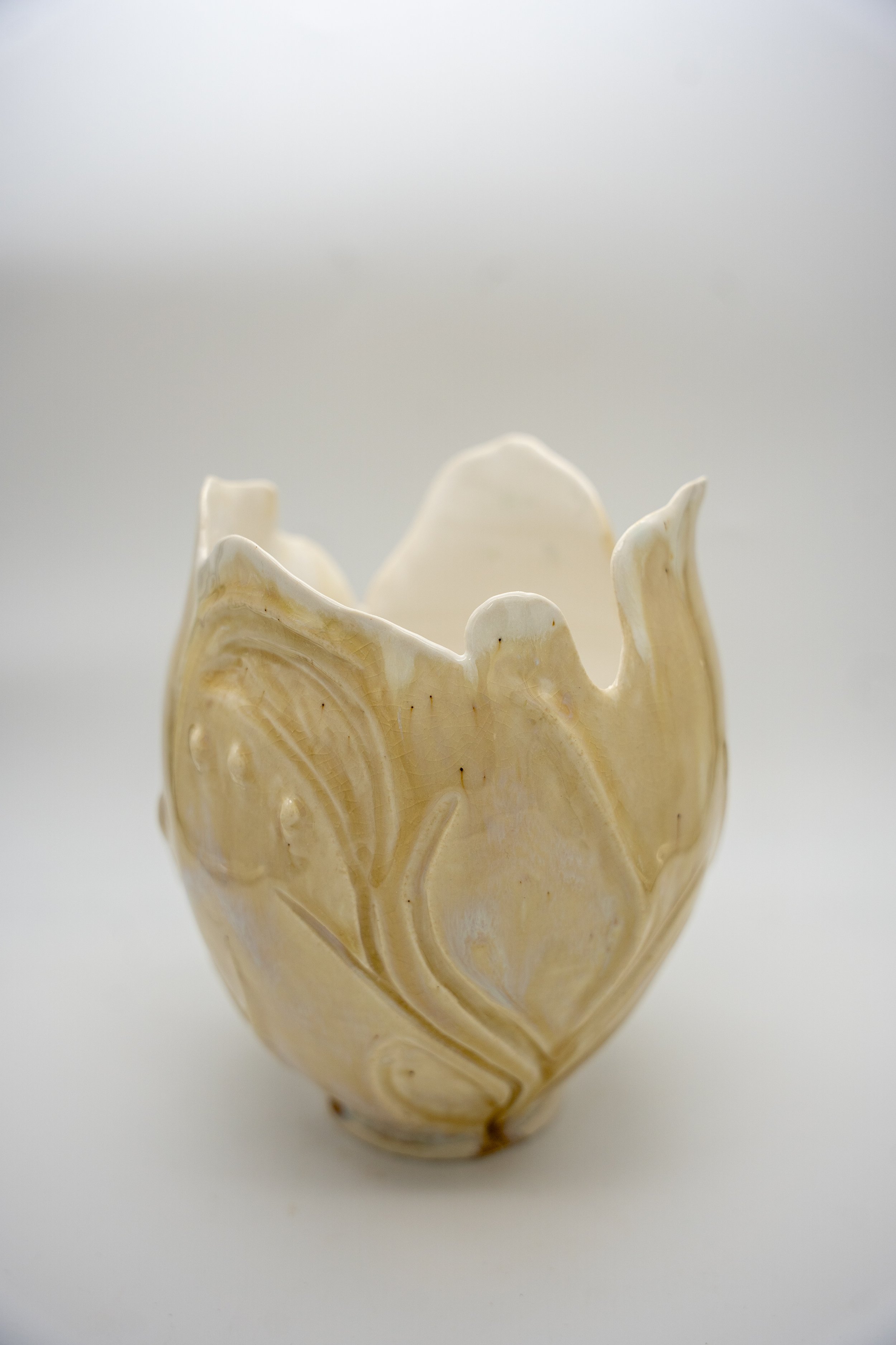 Honey Celadon Carved Vase with Flowery Edge