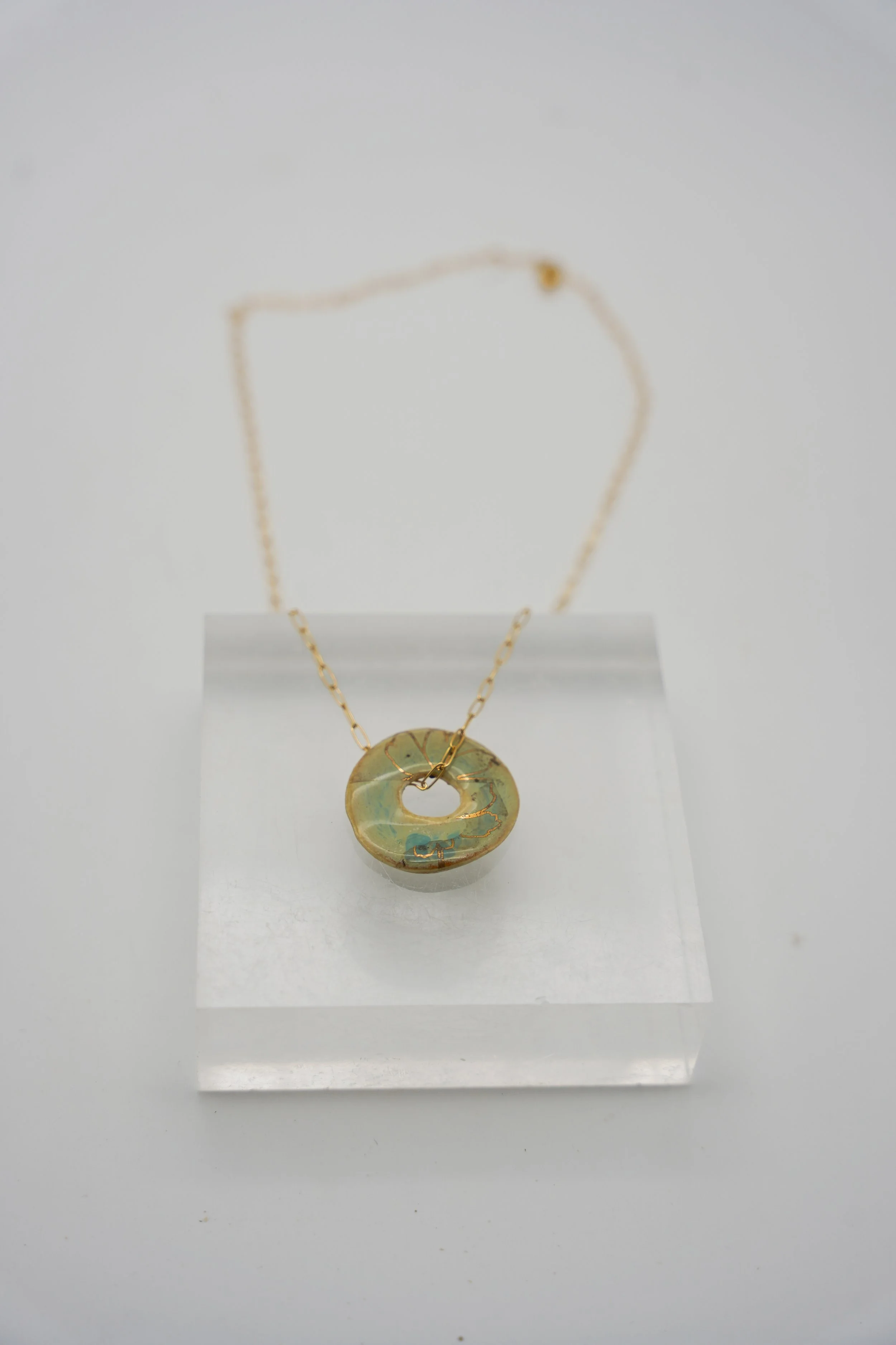 Floral Disc on Gold Filled on Small Paper Clip Chain in Light Green