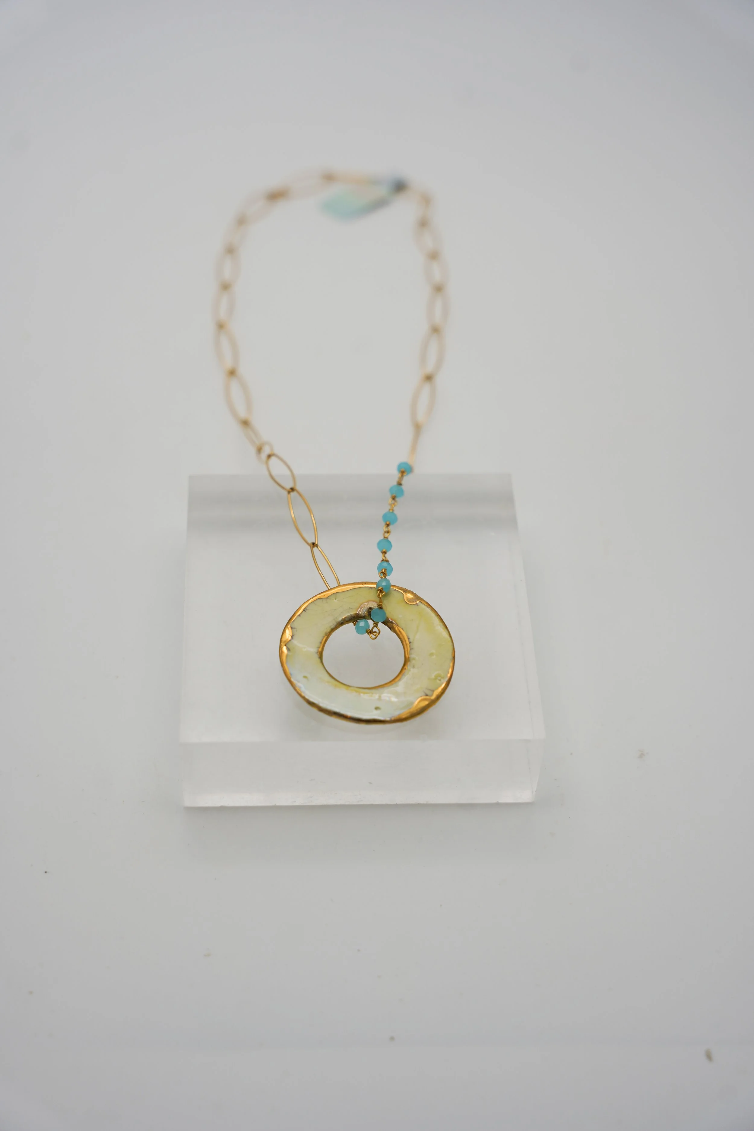 Large Disc on Gold Filled Turquoise Beaded Almond Chain in Iridescent