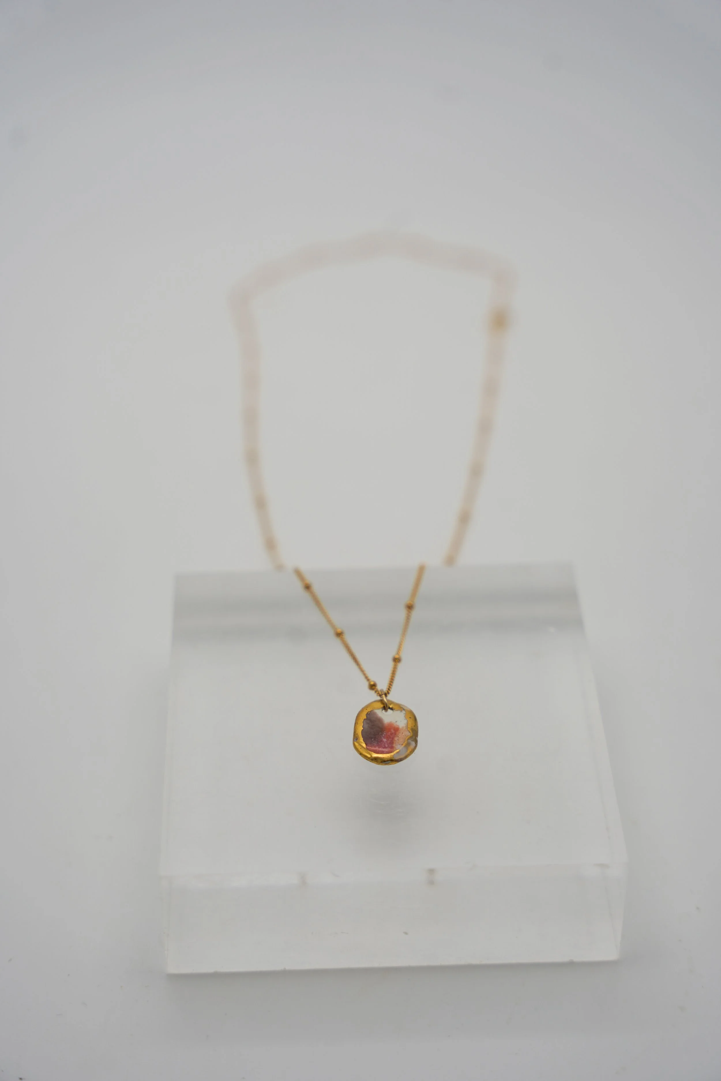 Small Oval on Gold Filled Satellite Chain in Pink Petal