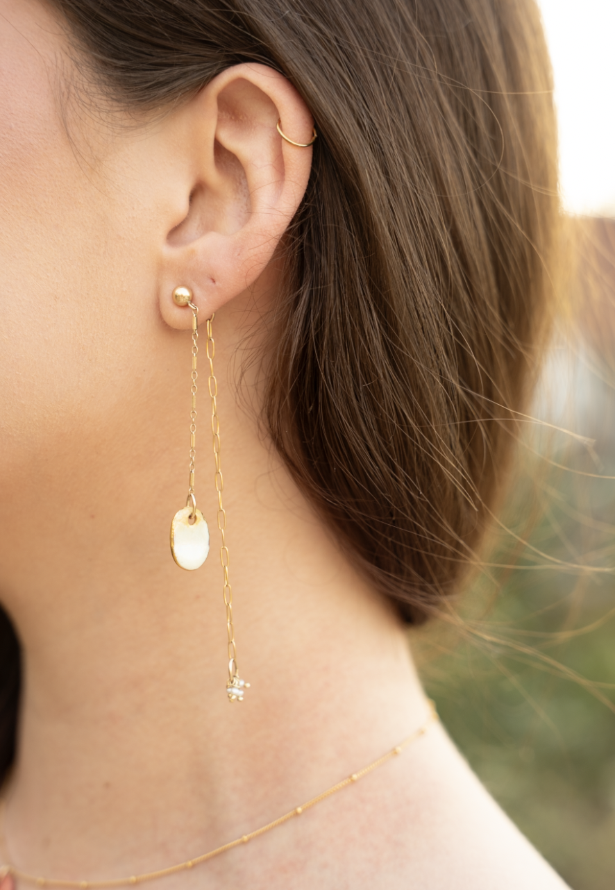 Spring Small White Porcelain Clay Threader Chain with Diamond Earrings