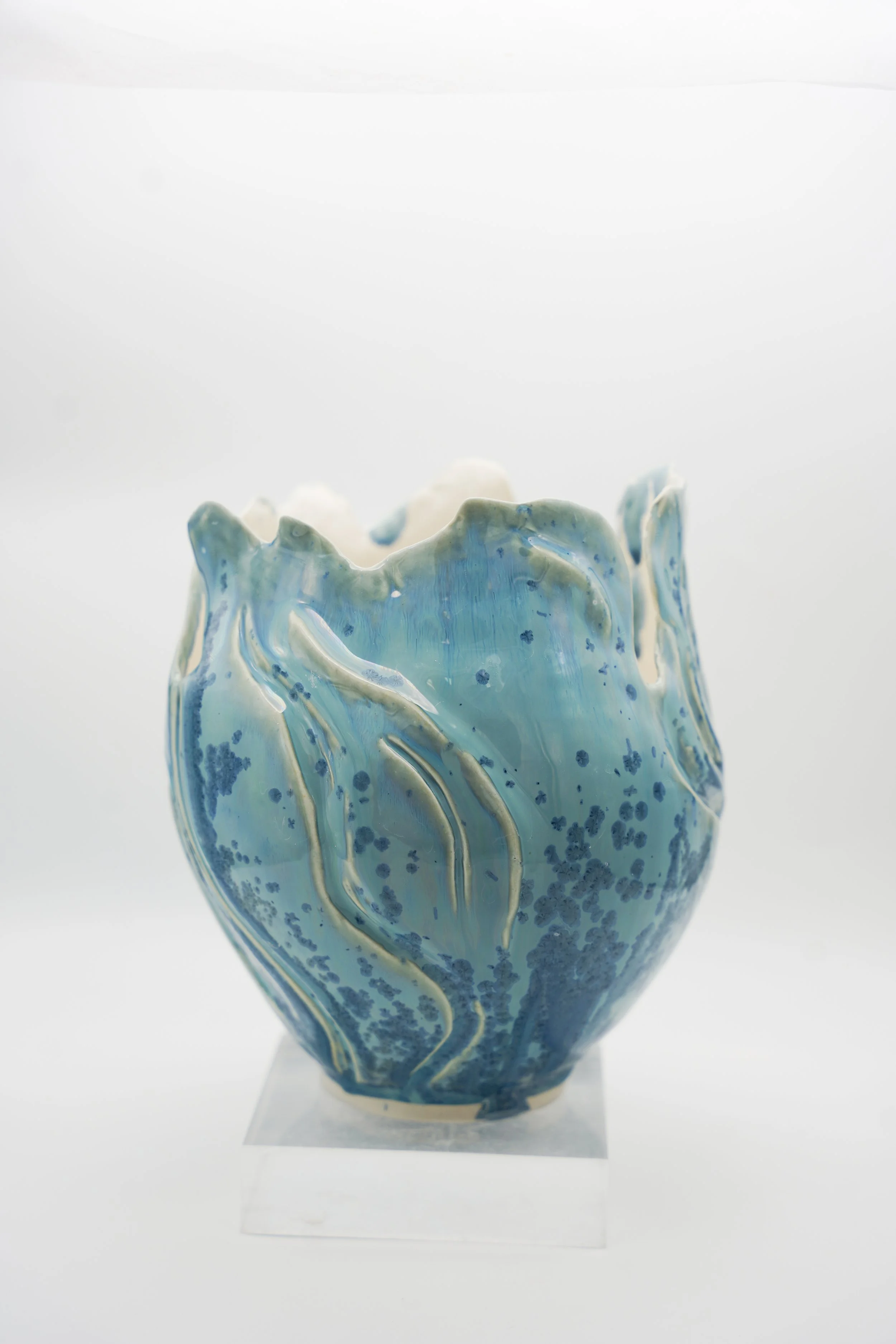 Carved Sculptural Vase in Blue Jean