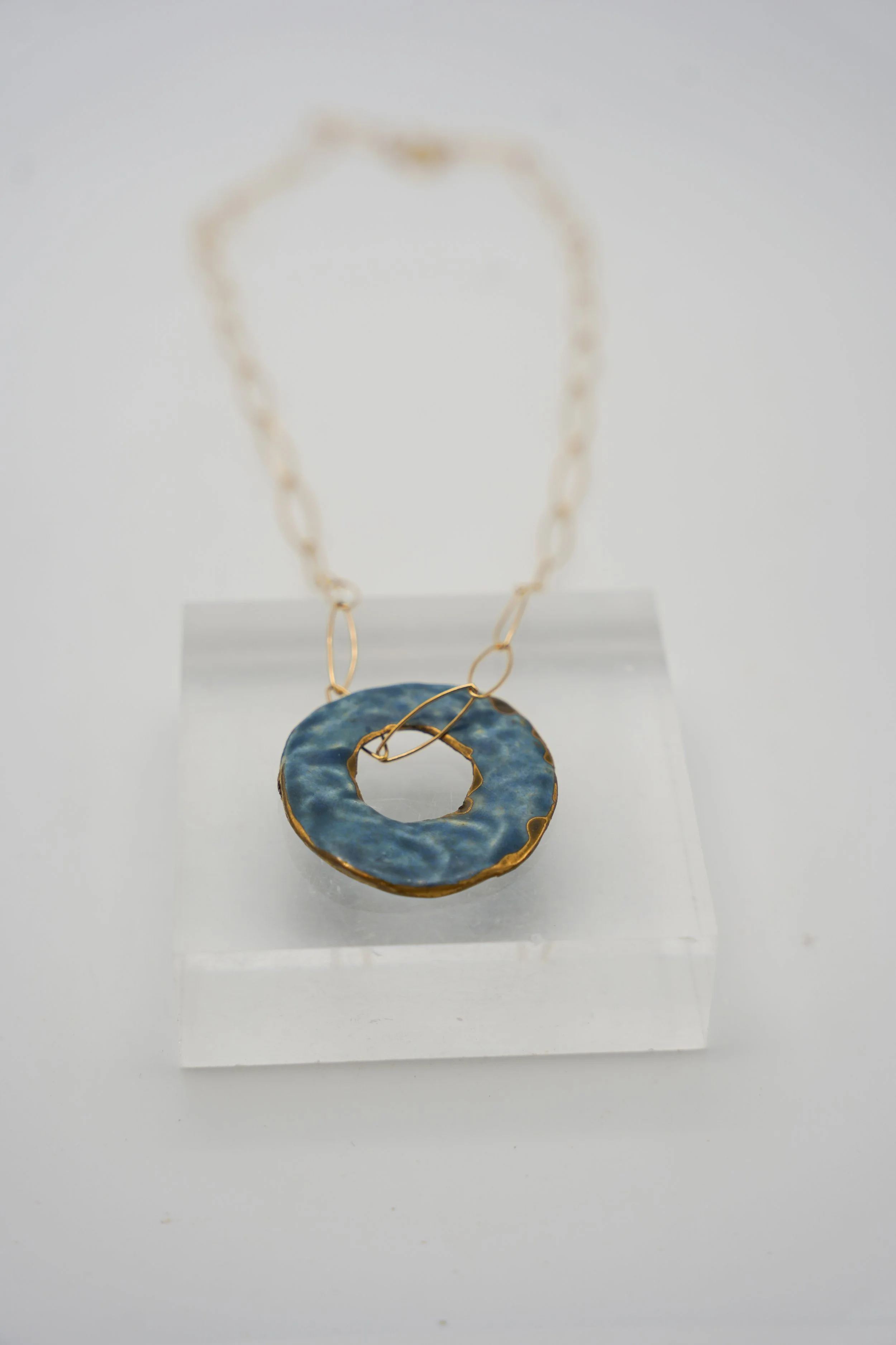 Large Disc on Gold Filled Almond Chain in Blue Jean