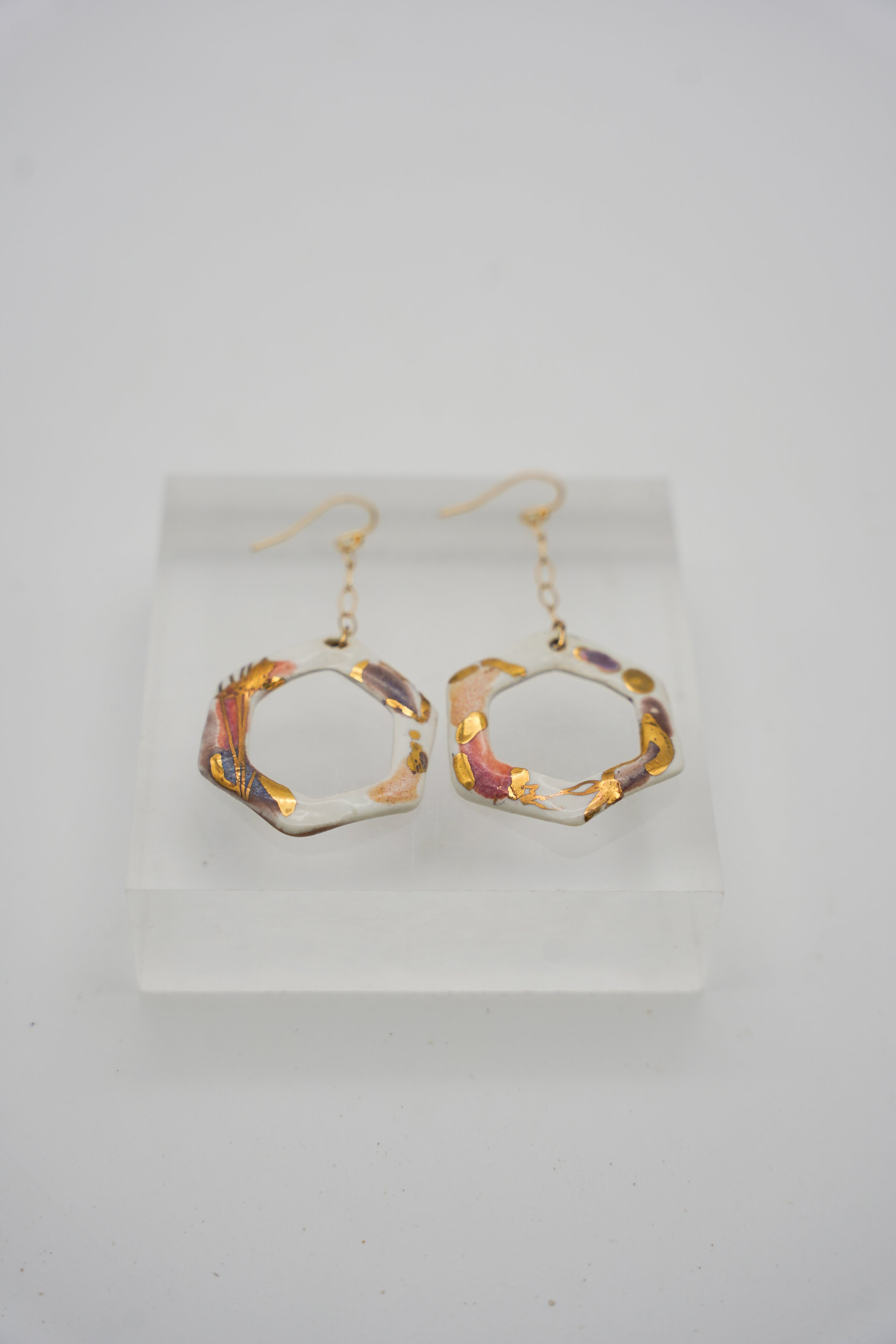 Floral Hexagon on Gold Filled Small Almond Chain in Pink Petal