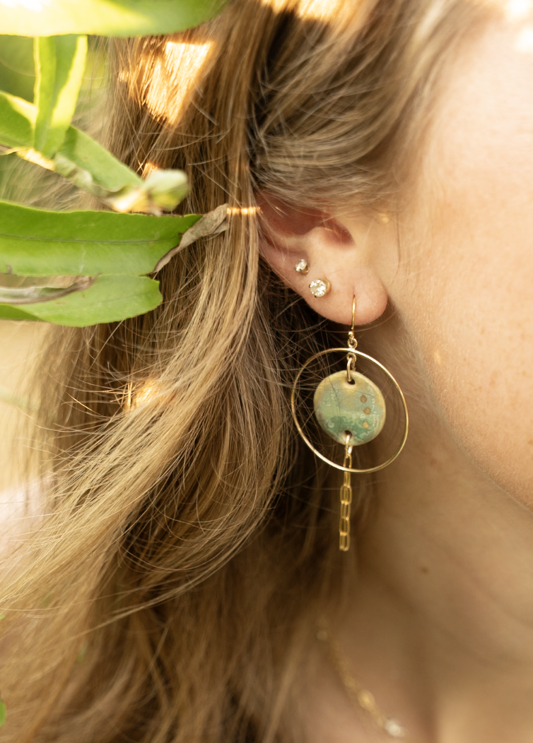 Spring Green Gold Hoop Circle dangle earrings gold filling