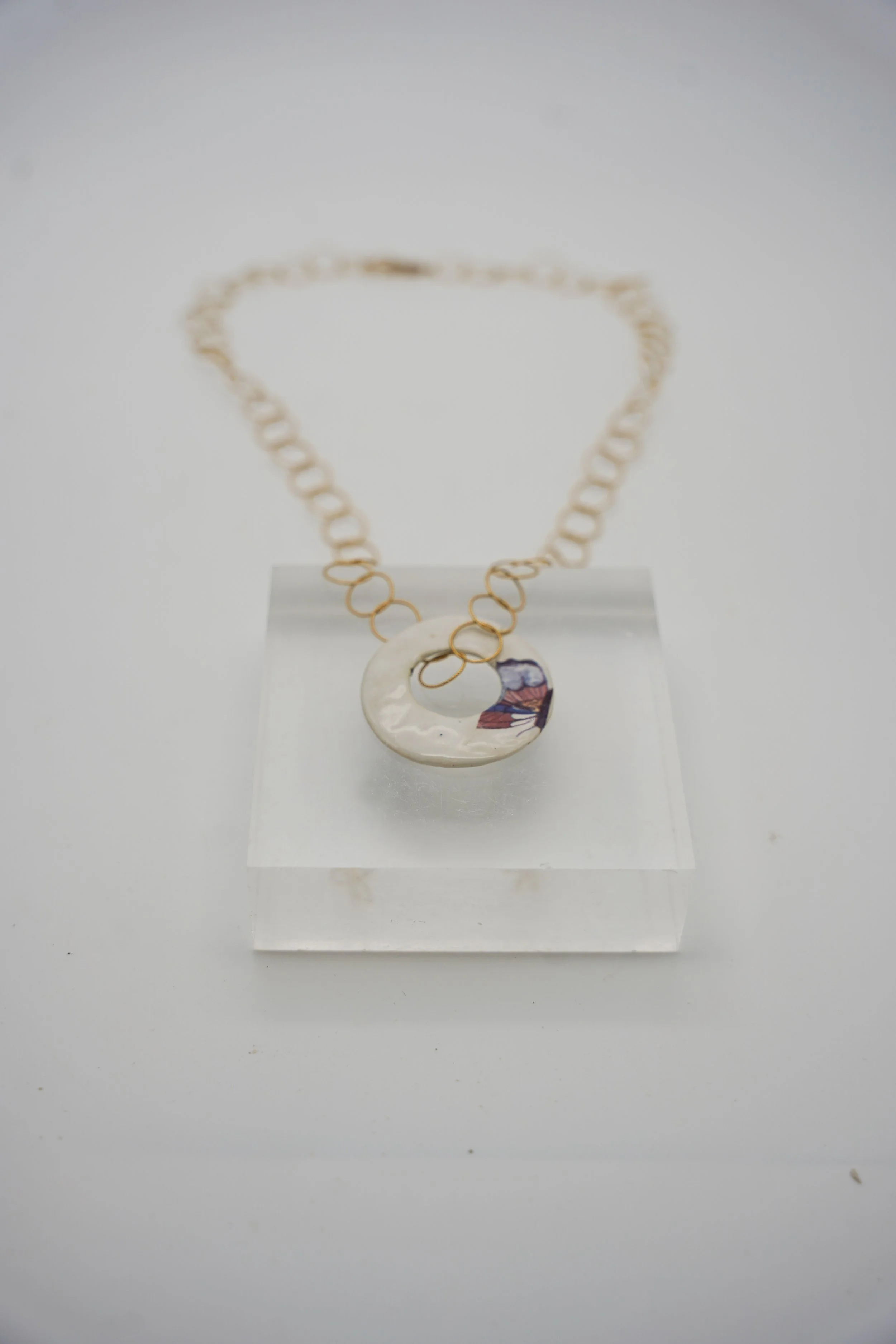 Large Butterfly Disc on Gold Filled Round Cable Chain in Gloss White