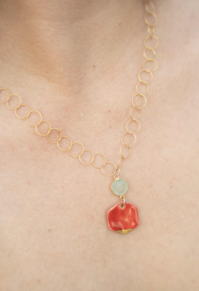 Spring Red Hexagon Clay hoop chain statement necklace