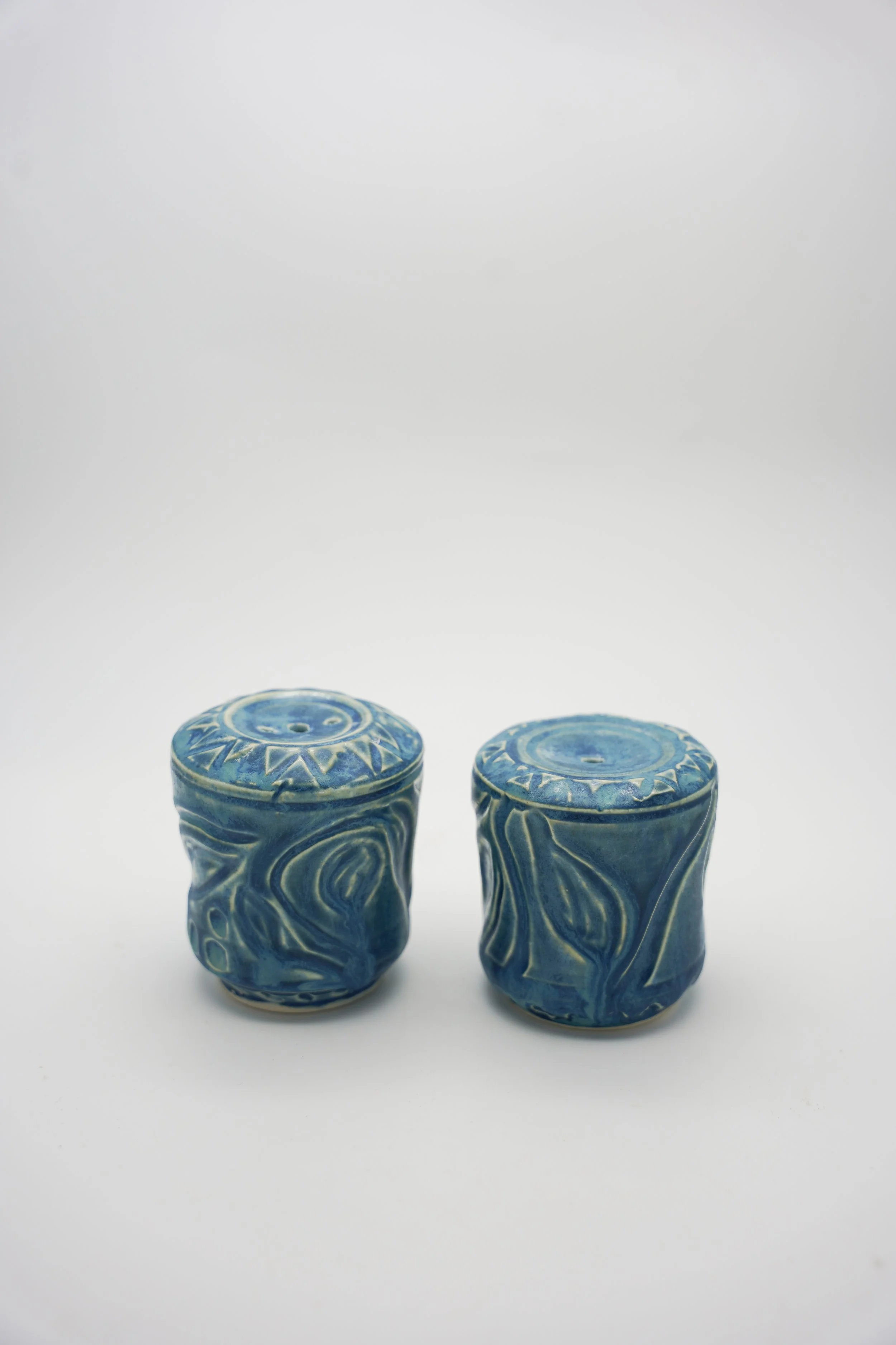 Tall Carved Salt & Pepper Shakers in Blue Jean