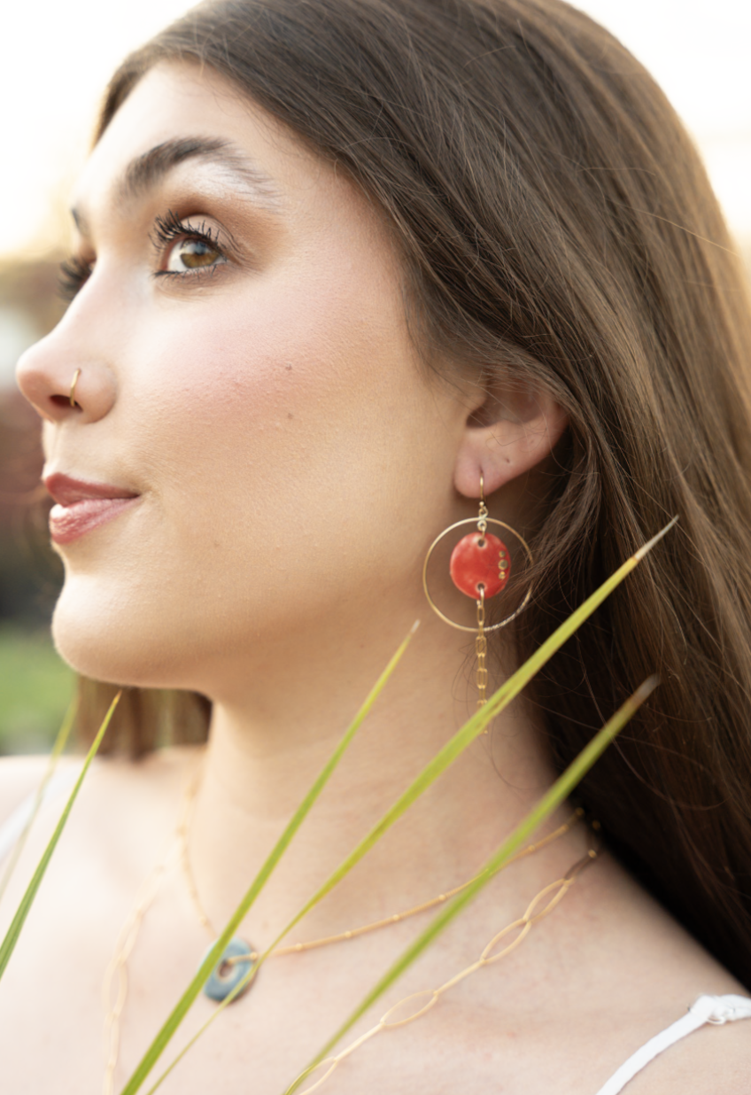 Spring Red Gold Hoop Circle dangle earrings