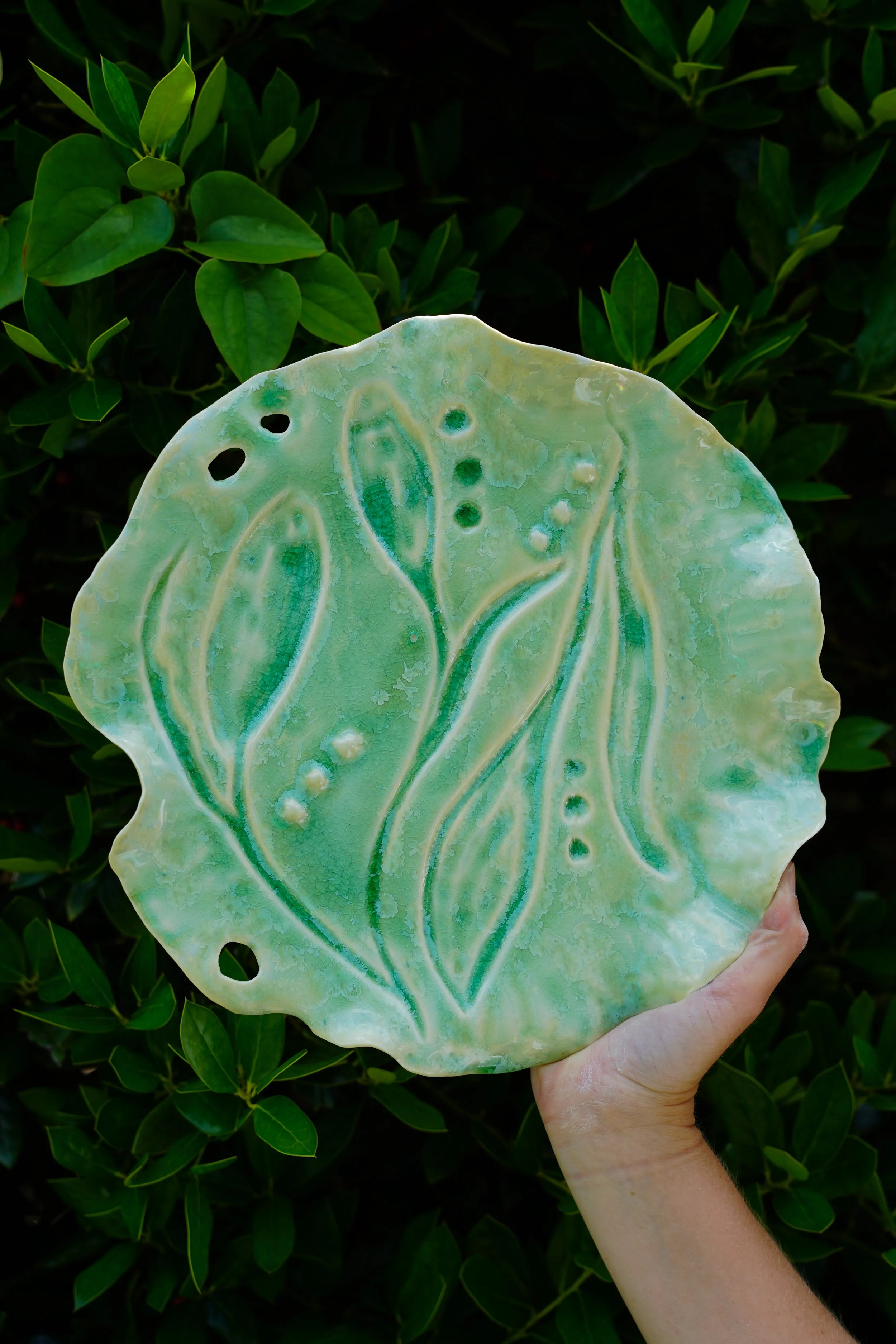 Carved Celadon Altered Decorative Plate