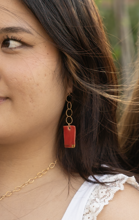 Spring Red Rectangle Earrings on Hoop Chain