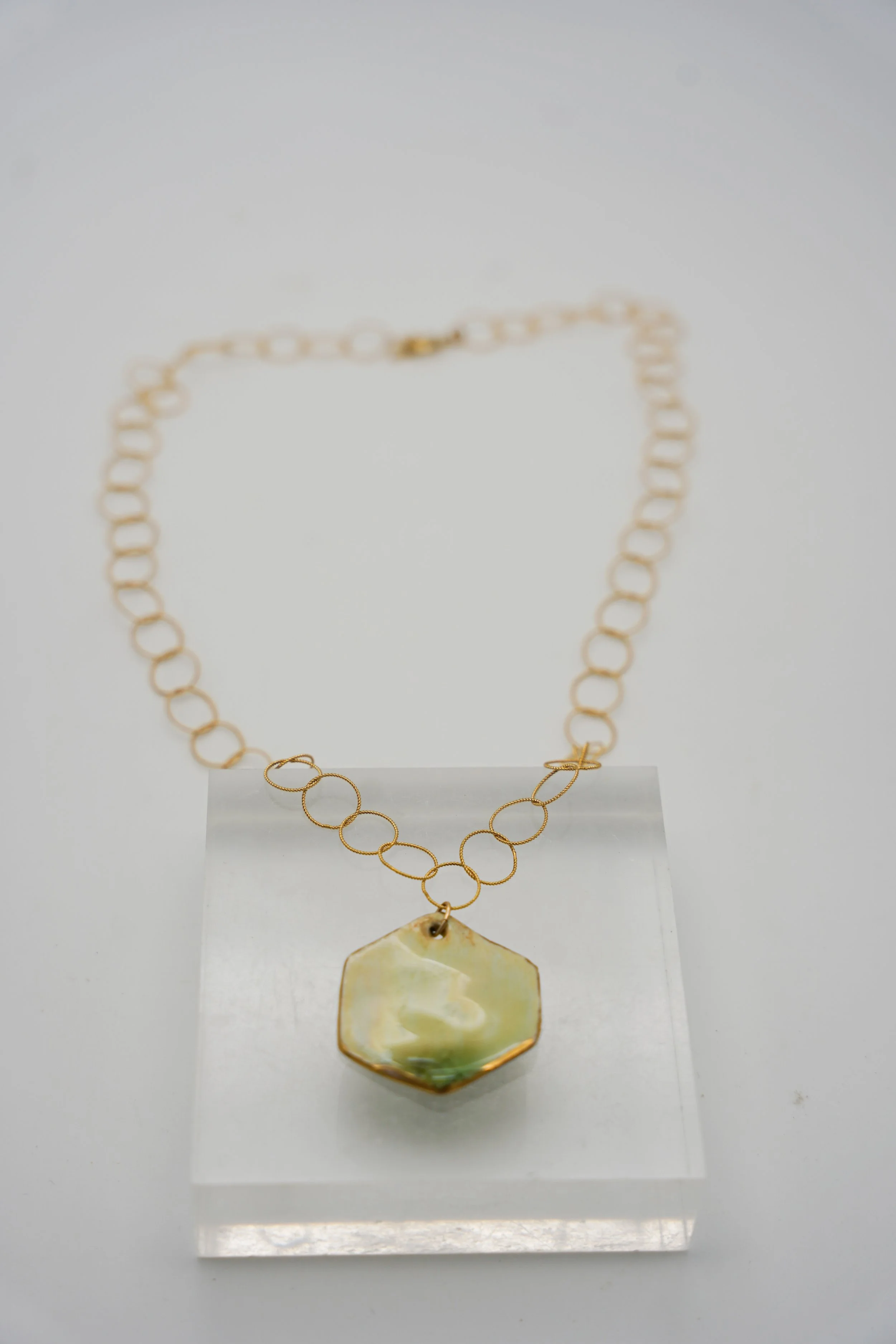 Large Hexagon on Gold Filled Round Cable Chain in Celadon