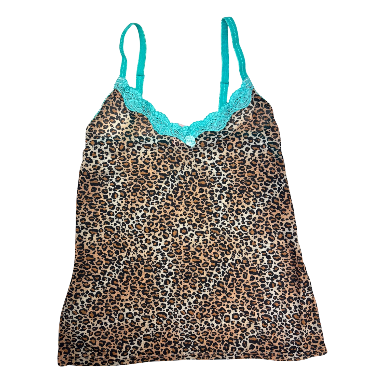Y2k Blue Lace Trim Leopard Print Micro Mesh Cami Top