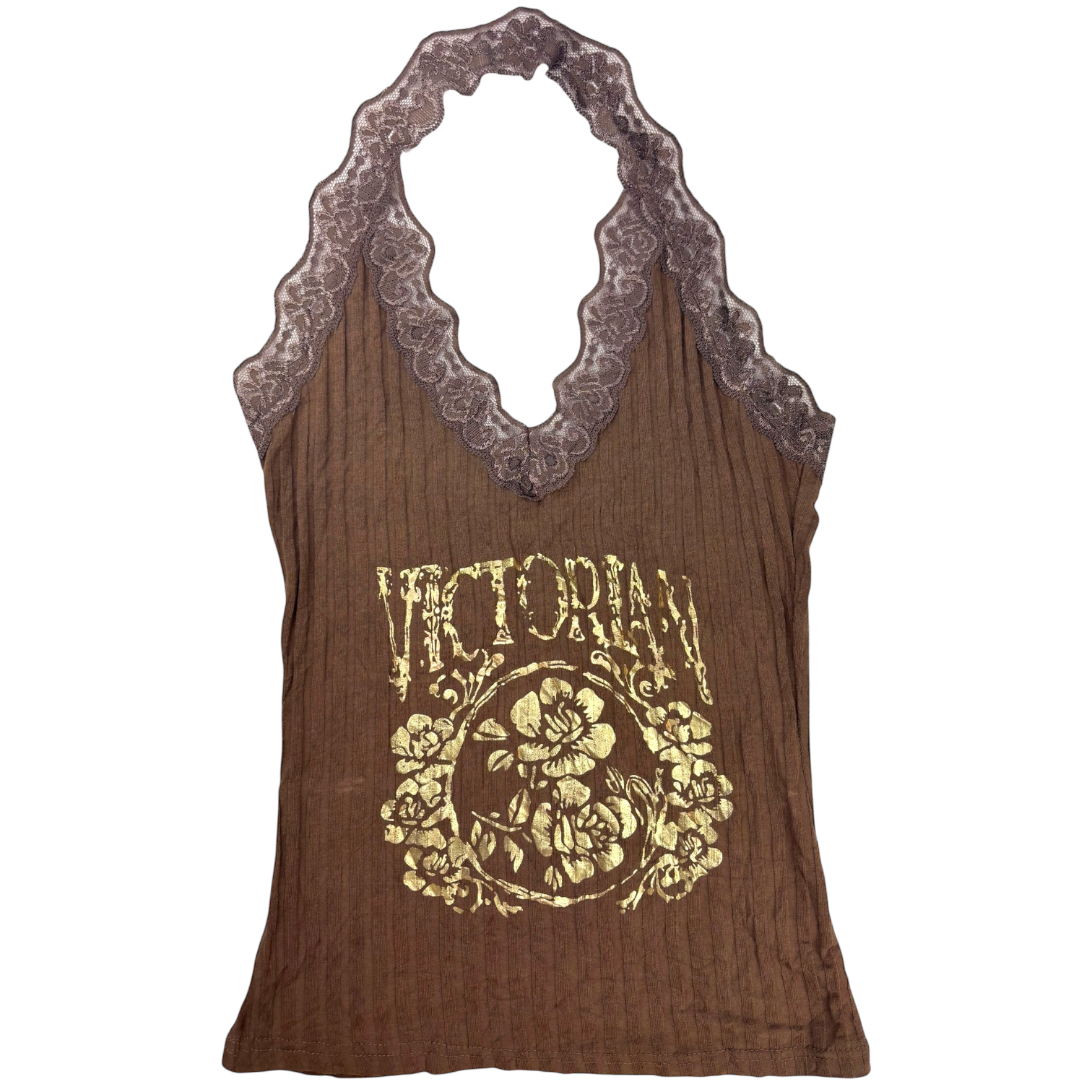Y2k Brown and Gold Lace Halter Neck Top
