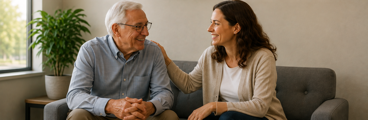 Elderly couple smiling, standing in front of a parked car with a leafy background.