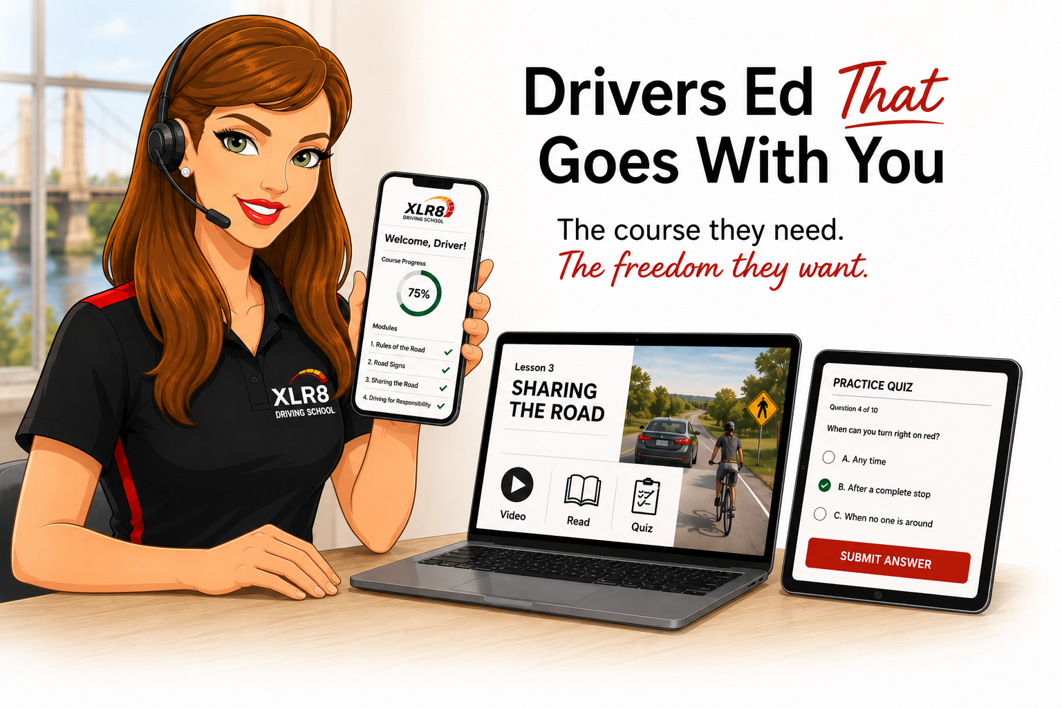 Smartphone display showing XLR8 Drivers Ed app with cartoon graphics and sections for FAQ, logs, about us, and contact, accompanied by the text 'Let Mrs. D be your Driving Instructor.' Background is green and black.