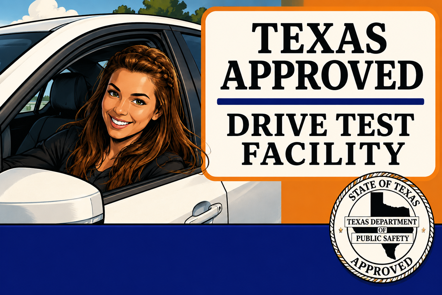 Young woman sitting in a car, smiling, next to a sign that reads 'Texas Approved Drive Test Facility.' The sign includes the State of Texas Department of Public Safety seal.