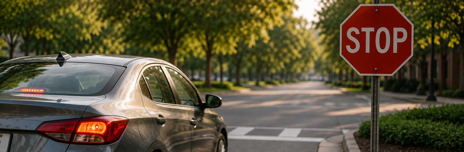 Red car maneuvering near an orange traffic cone on a road.