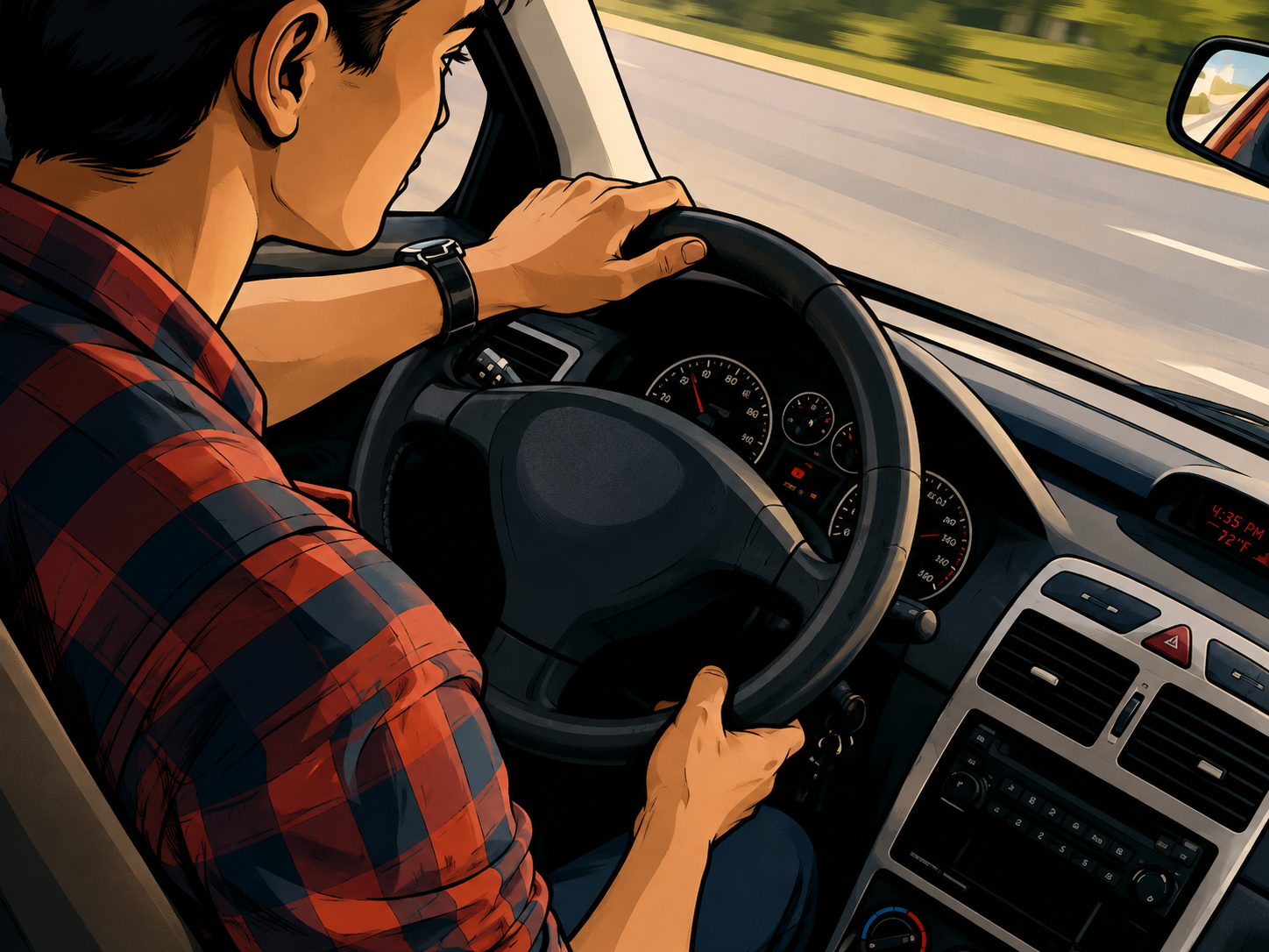 Person driving a car, hands on steering wheel, dashboard visible.