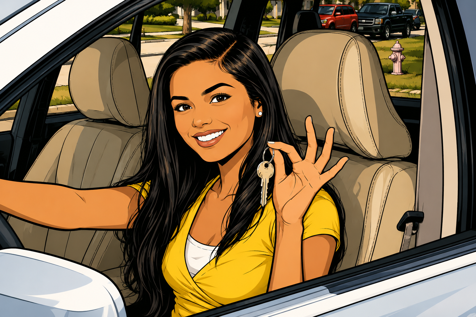 Person sitting in a car, holding car keys and smiling.