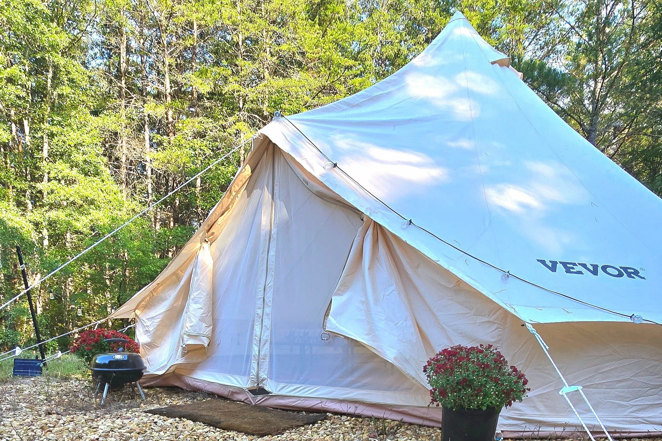 A large white canvas tent set up outdoors among trees with green leaves, with potted red chrysanthemums in front and a small portable grill nearby.