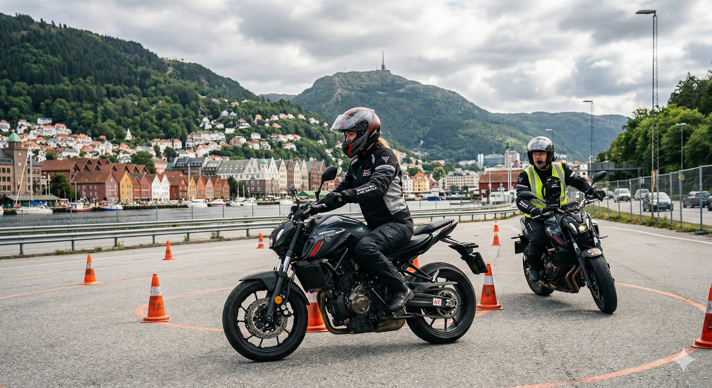 En elev og lærer som øver med motorsykkel i Bergen, med Bryggen og Ulriken i bakgrunnnen. AI generert