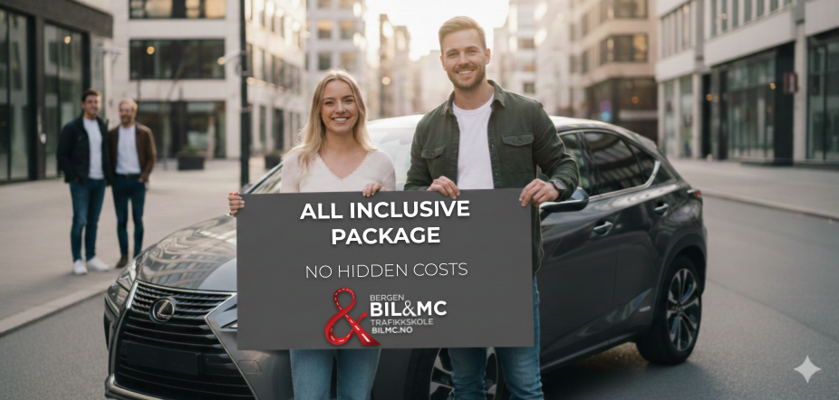 Two smiling people holding a poster that says 'All inclusive package - no hidden costs', promoting English-language driving lessons in Norway.