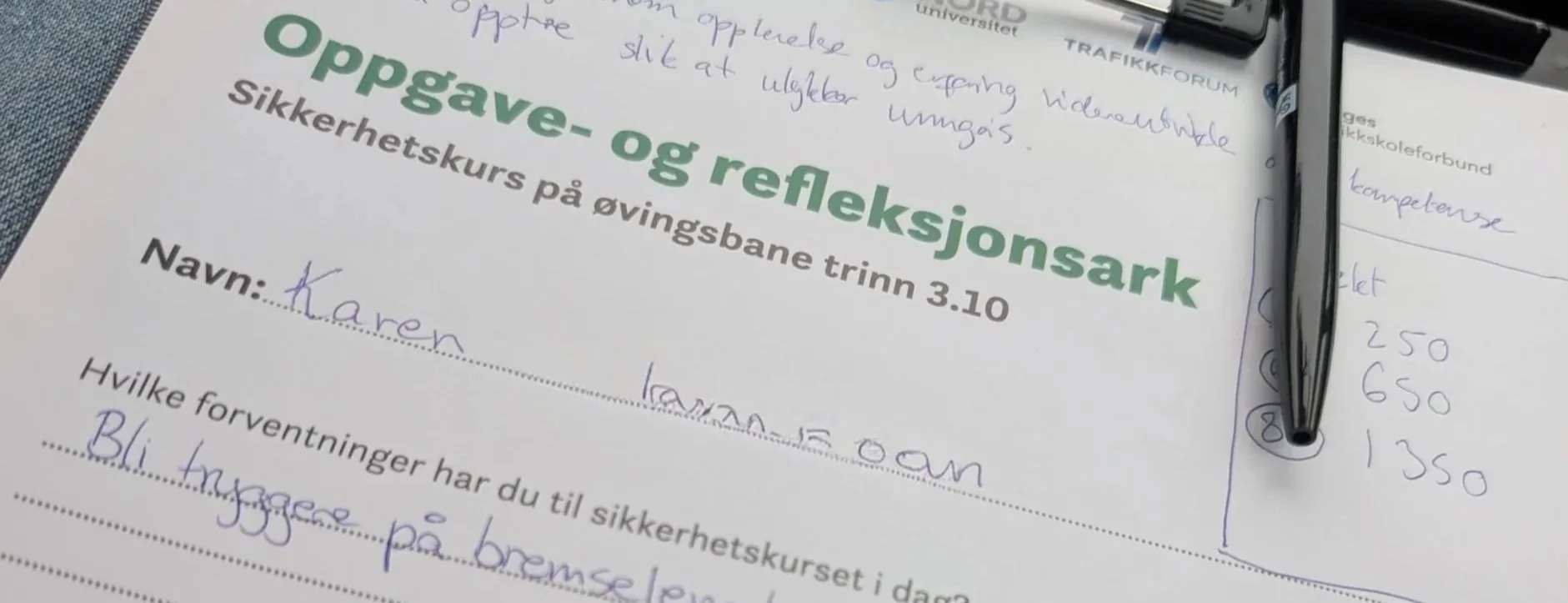 Oppgave- og refleksjonsark til øvingsbane