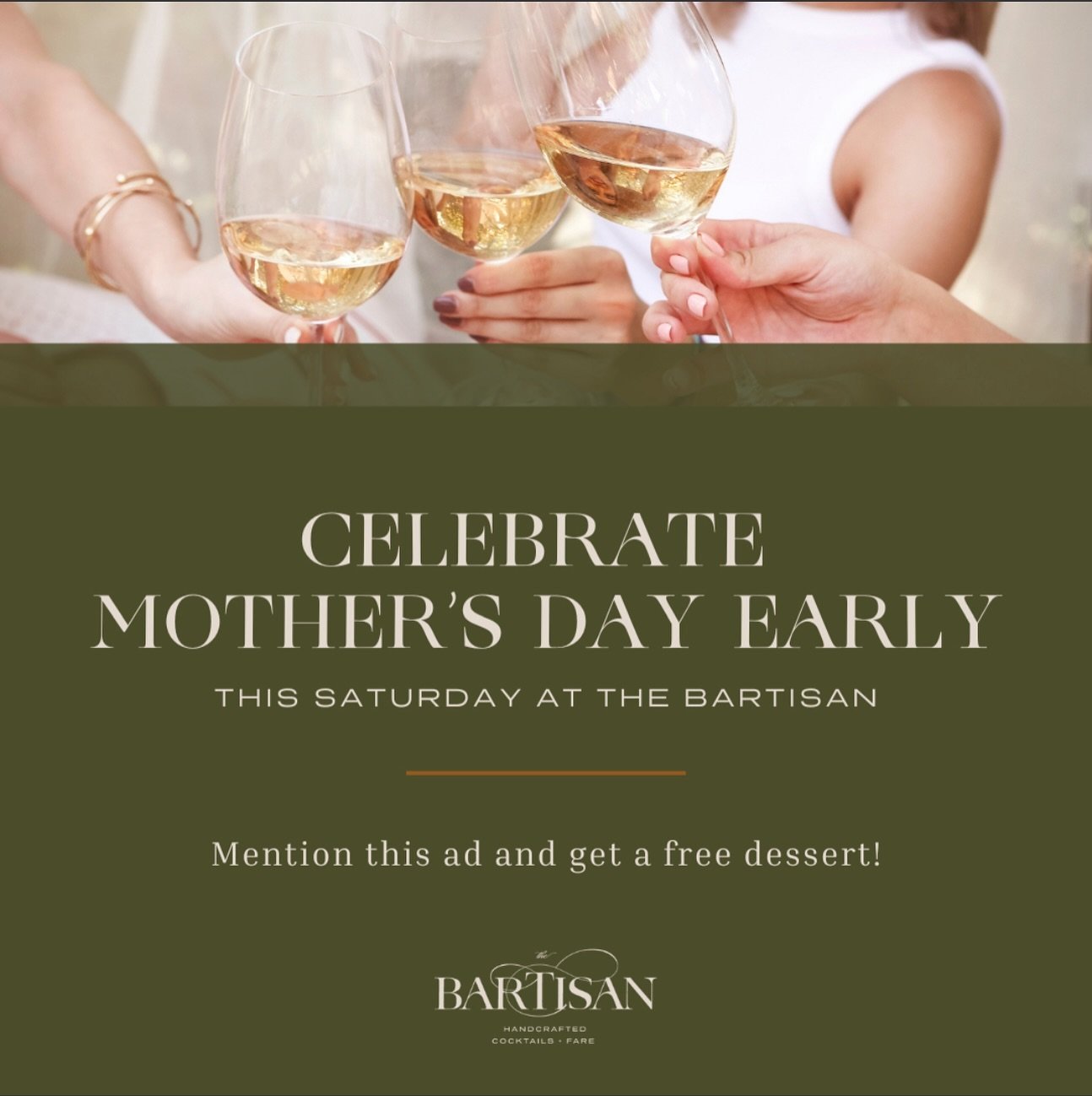 Celebrate Mother&rsquo;s Day THIS SATURDAY 💐🥂

Join us this Saturday, May 11th to celebrate mom and day early. ✨Mention this ad and get a free dessert ✨

Don&rsquo;t forget:

HAPPY HOUR 3-6PM
RESERVATIONS AVAILABLE 734-359-3694