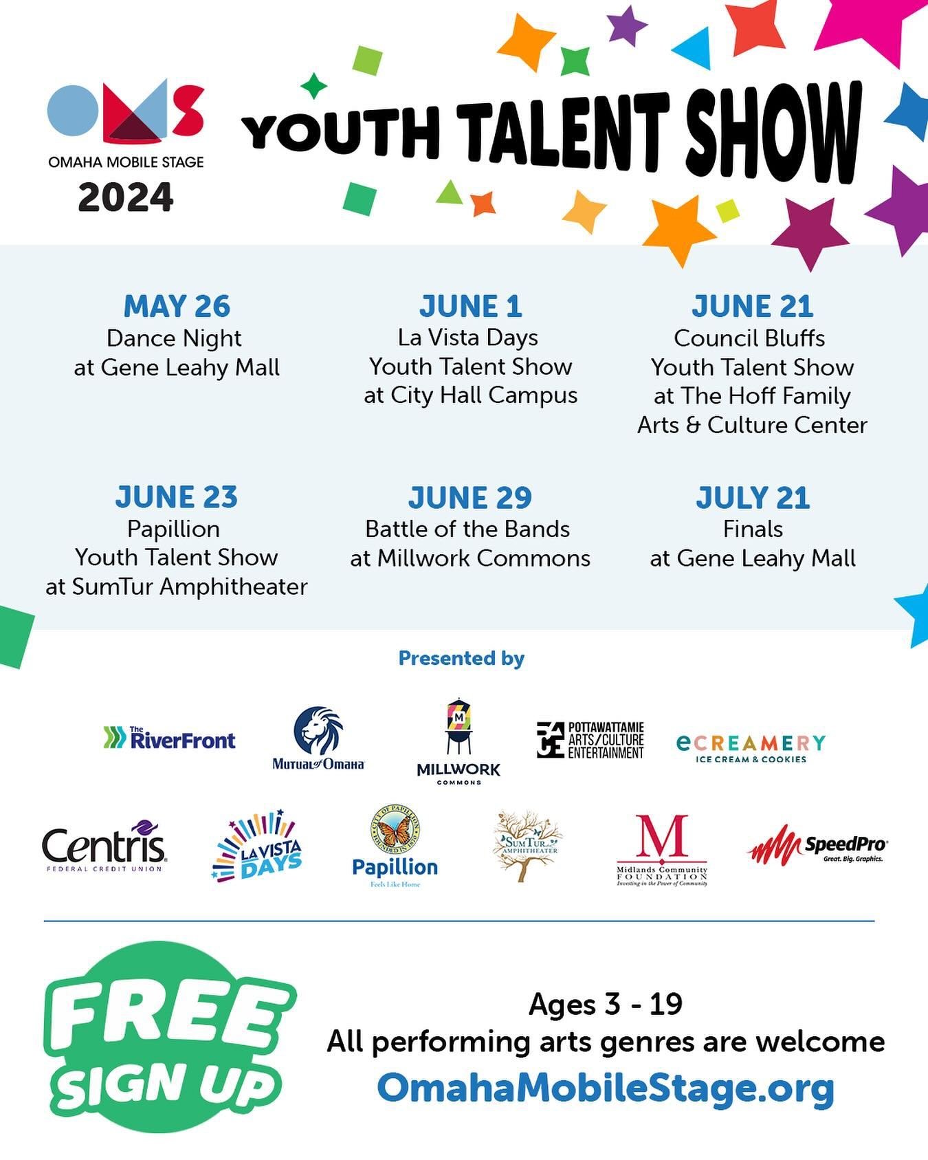 Sign up for a Youth Talent Show! ✨

The Omaha Mobile Stage Youth Talent Show program is an outdoor amateur talent competition series for ages 3 through graduating high school seniors. 

Participation is free and open to the public. 

Winners of each 