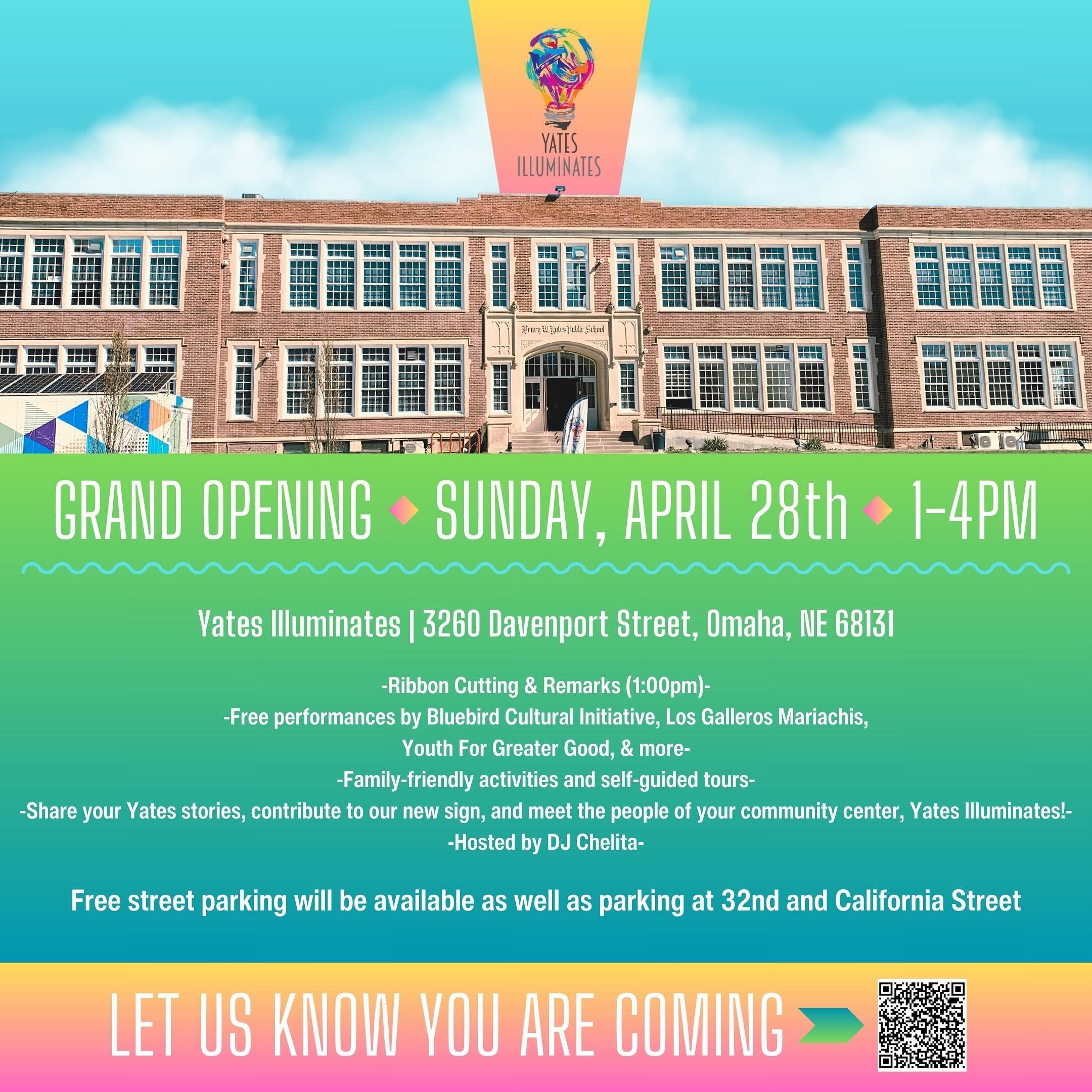 Join us at @yates.illuminates on Sunday, April 28 for the official Grand Opening!

Enjoy a Ribbon Cutting &amp; Remarks beginning at 1 pm, Free performances by Bluebird Cultural Initiative, Los Galleros Mariachis, Youth For Greater Good, &amp; more, 