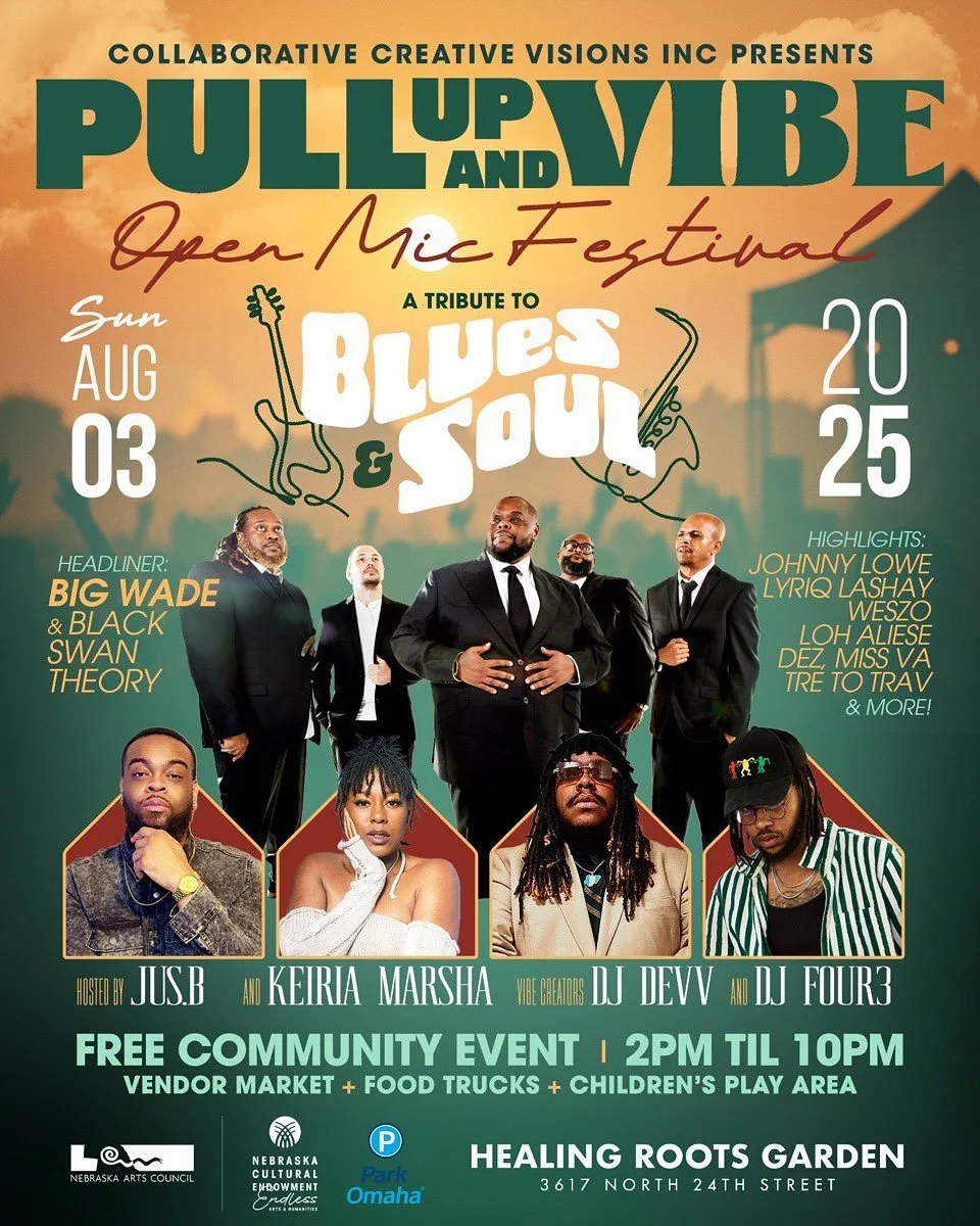Join us TOMORROW at Pull Up and Vibe Open Mic Festival for a living tribute to North Omaha&rsquo;s rich history of blues and soul! 🎷🎶 

This event is free and open to the public.

Headliner: Big Wade &amp; Black Swan Theory @bigwadeblackswantheory 
