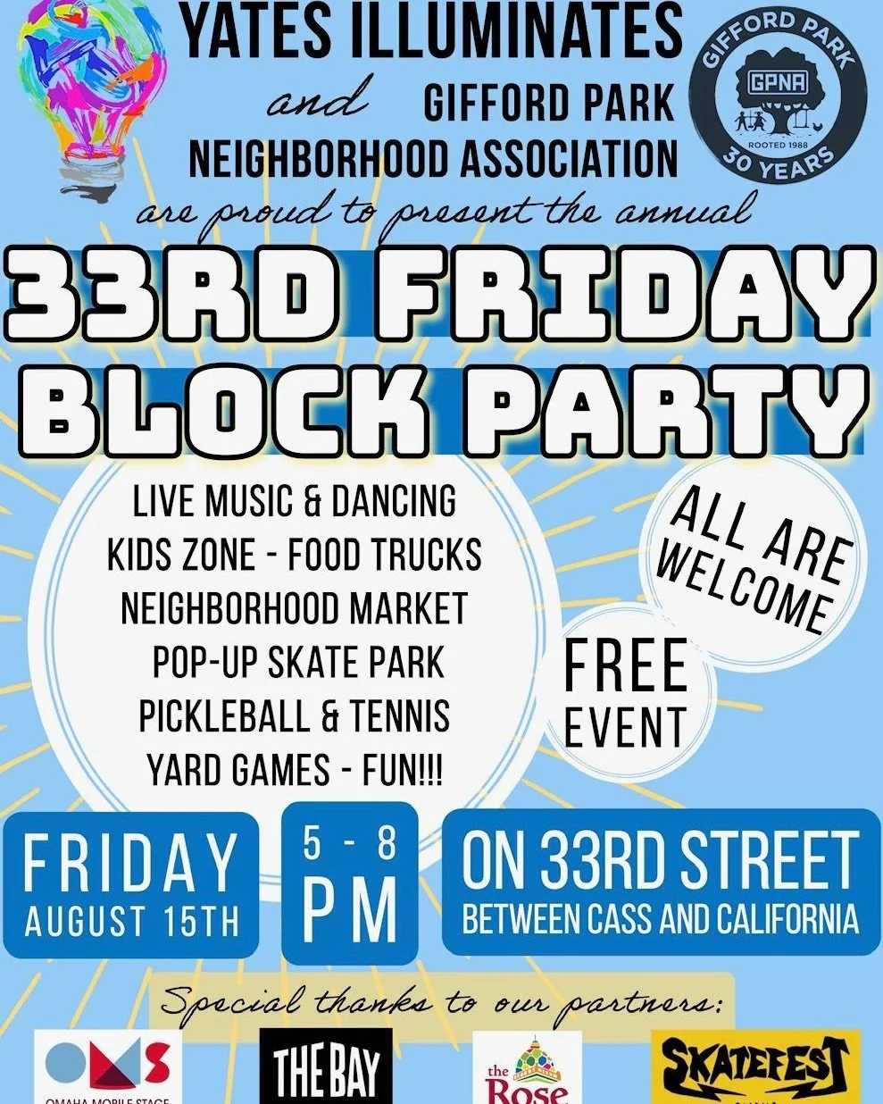 This Friday! Join us at @yates.illuminates and @giffordparkneighborhoodmarket annual 33rd Friday Block Party! 🎶 💙

-Free and open to the public
-Live music and dancing
-Kids zone
-Food trucks
-Neighborhood Market
-Pop-up skate park
-Pickleball, ten