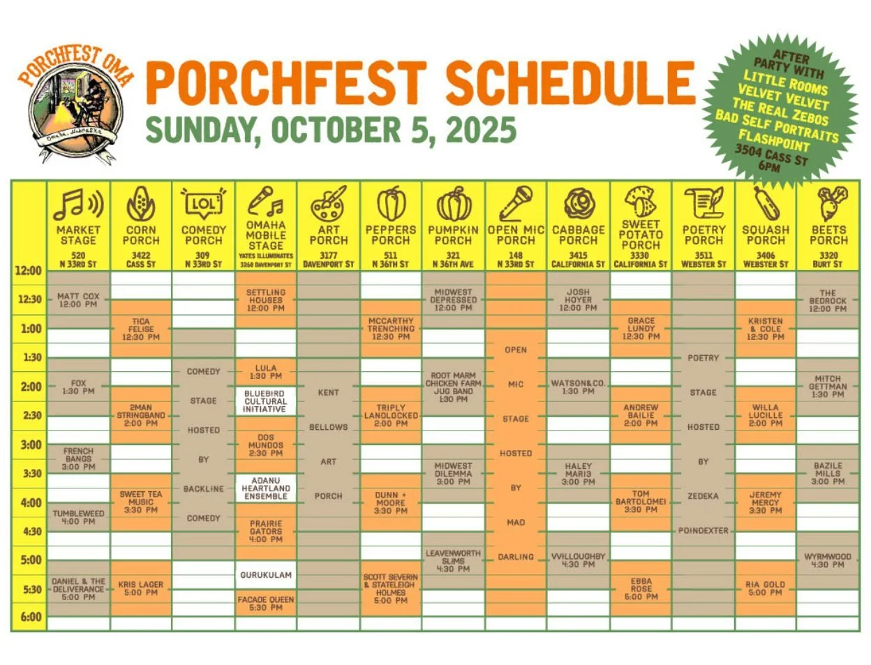 Less than 2 weeks away! Join us at @porchfest_oma on October 5th!

The 9th Annual Porchfest OMA is Sunday, October 5, 2025 from 11am to 6pm. The free community festival has over 80 performances that take place on 14 stages including Omaha Mobile Stag
