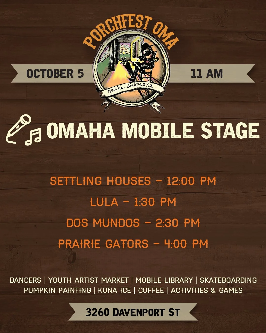 Check out the live music on the Omaha Mobile Stage at @porchfest_oma on Sunday, October 5!

🎤 @settlinghouses @lula.leanne @dosmundos4x4 and The Prairie Gators.