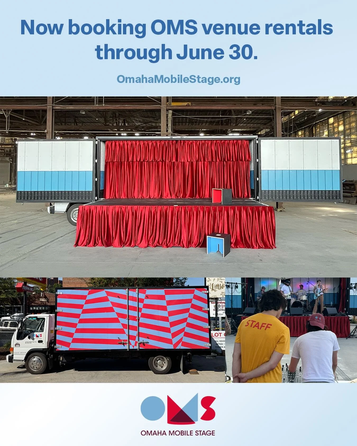 Now booking OMS venue rentals through June 30.

Visit www.omahamobilestage.org/stage-rental to learn more and secure your date.

Omaha Mobile Stage is the perfect outdoor venue and production crew for your event.
