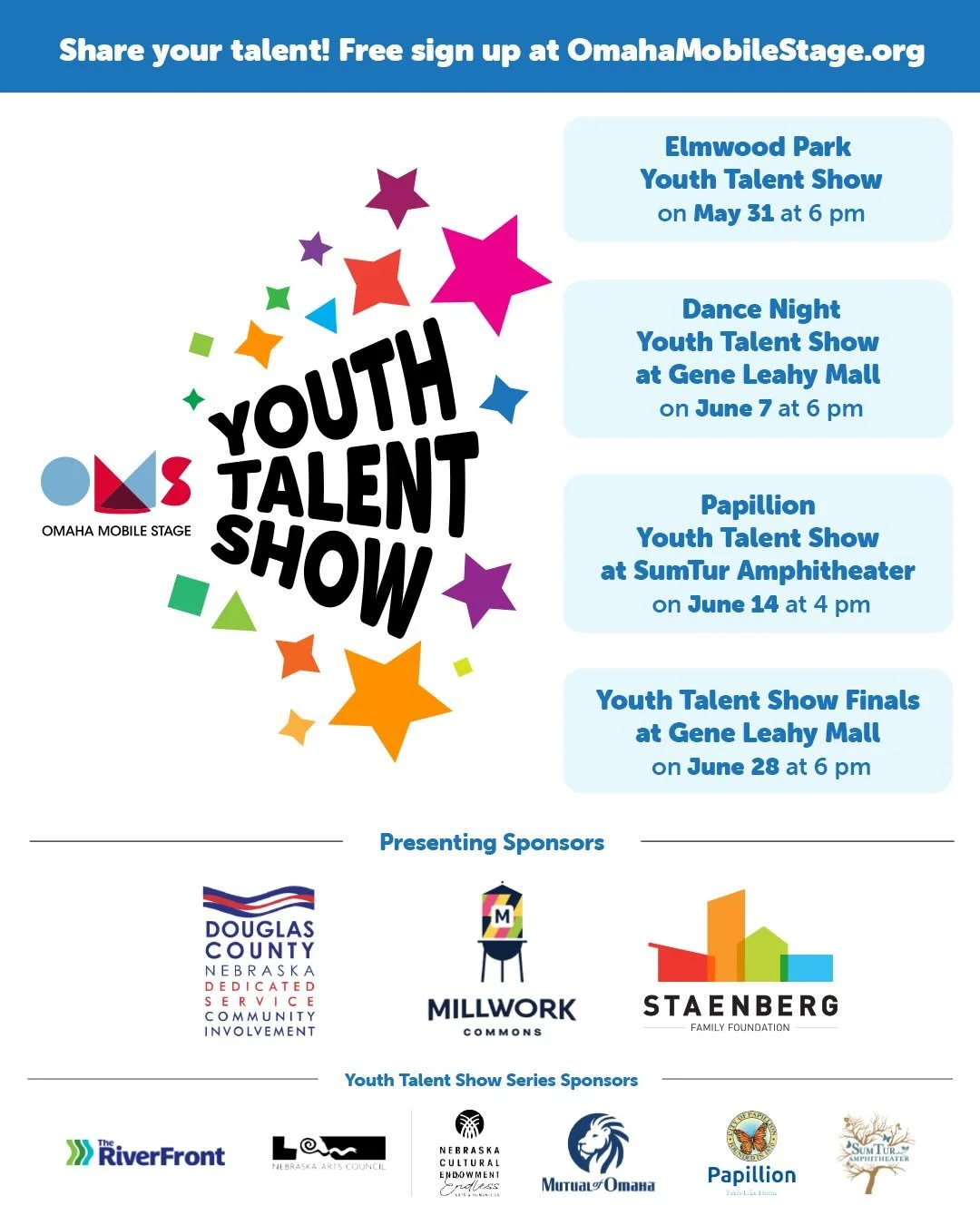 Registration for the regional 2026 Youth Talent Show series is now open at www.omahamobilestage.org.

The Omaha Mobile Stage Youth Talent Show series is an outdoor amateur talent competition for ages 3 through graduating high school seniors. Particip