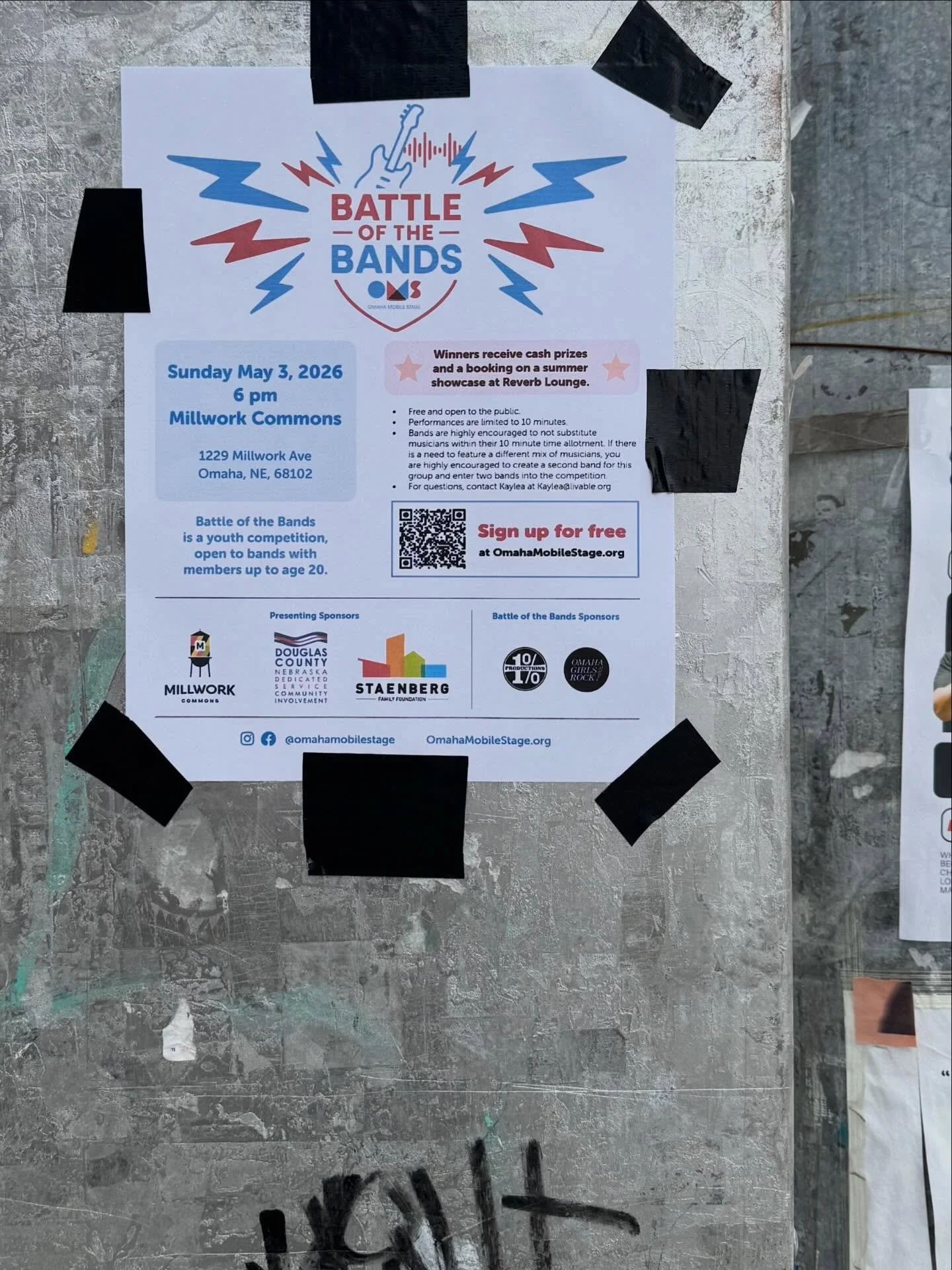 Join us for Battle of the Bands on Sunday, May 3 at 6 pm, at Millwork Commons!

Battle of the Bands is a youth competition, open to bands with members up to age 20.

Free and open to the public. 

Winners will be booked on a summer showcase show at R