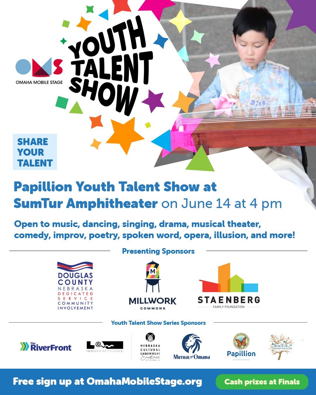 Join us at SumTur Amphitheater on June 14th at 4 pm for the Papillion Youth Talent Show! ✨

The Omaha Mobile Stage Youth Talent Show series is an outdoor amateur talent competition for ages 3 through graduating high school seniors.

Participation is 