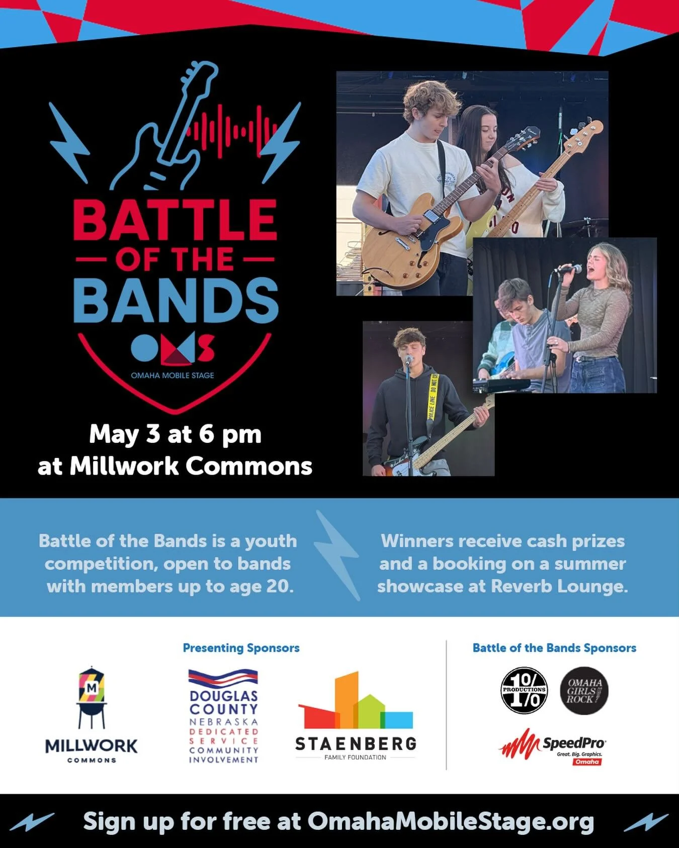 Get ready for the ultimate music showdown! Join us at Millwork Commons on May 3 at 6 pm for Battle of the Bands!

&bull; Youth bands (ages 20 &amp; under) compete in 10-min performances 
&bull; Free and open to all 
&bull; Winners will be booked on a