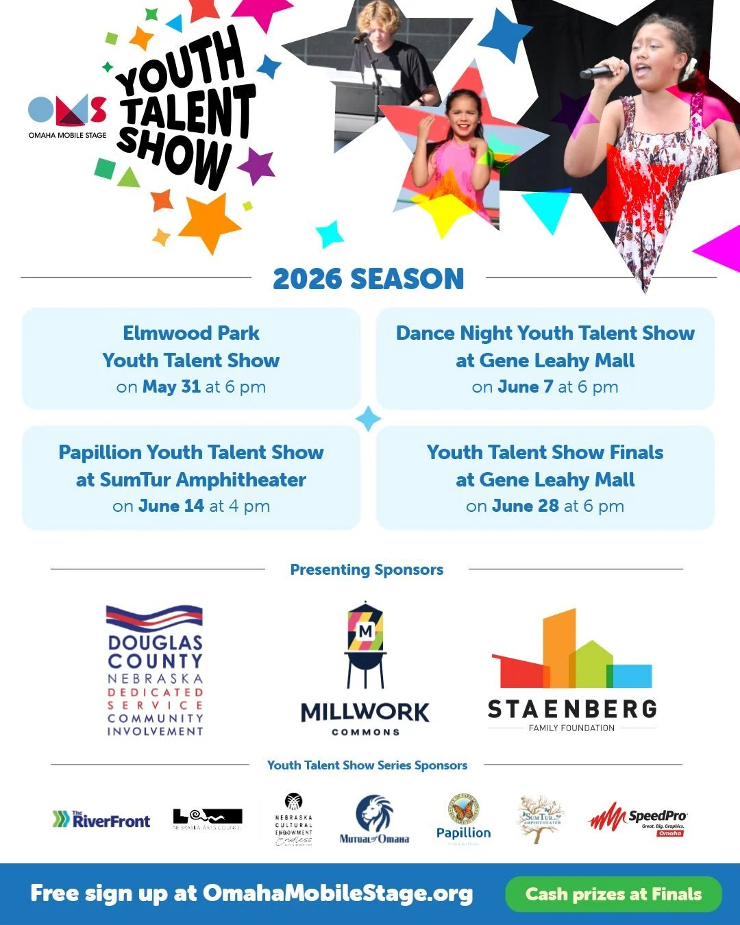 Registration for the regional 2026 Youth Talent Show series is now open at www.omahamobilestage.org.

The Omaha Mobile Stage Youth Talent Show series is an outdoor amateur talent competition for ages 3 through graduating high school seniors. Particip