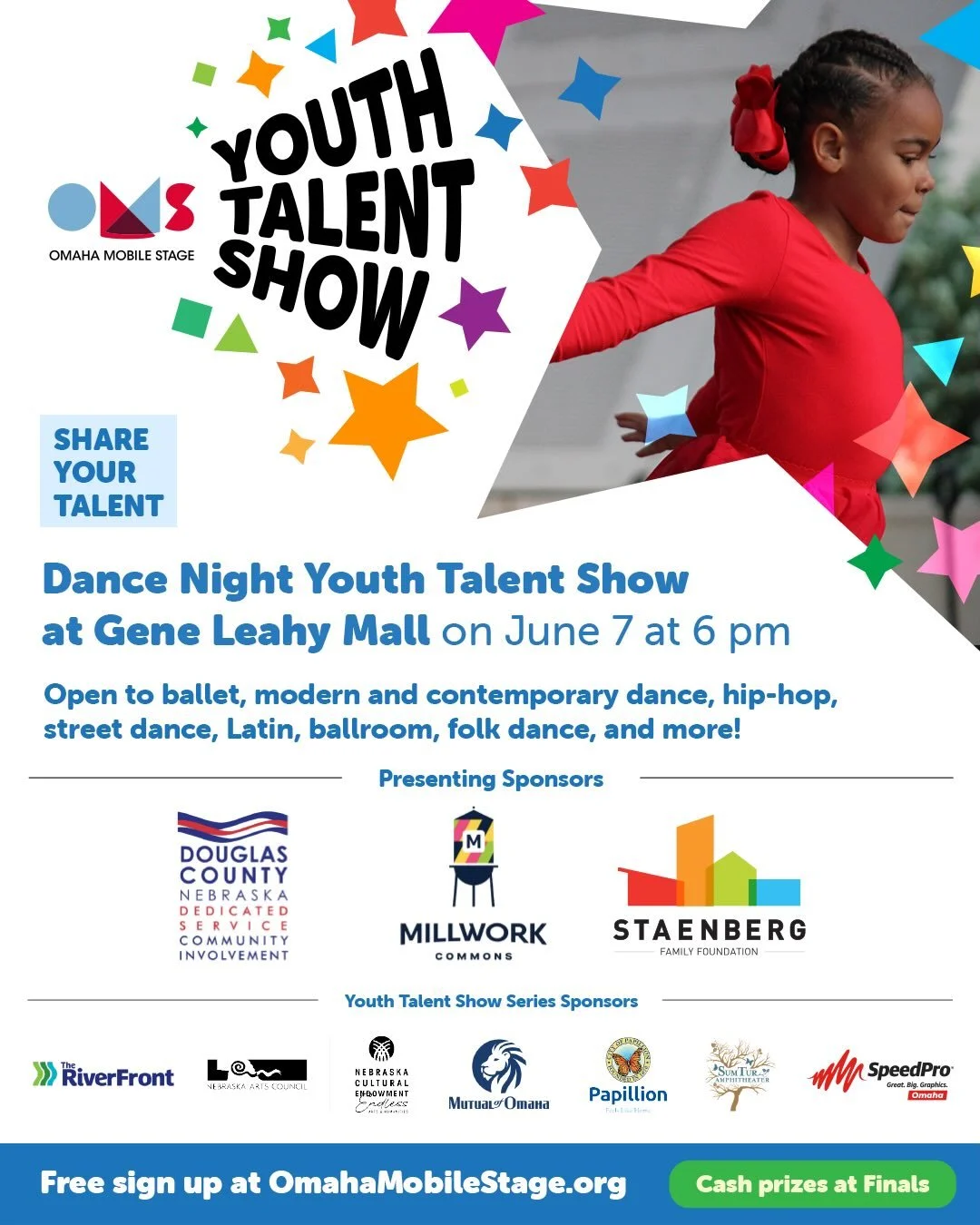 Registration for Dance Night is officially OPEN! 🎉💃🕺

Got moves? Bring them to the stage! Sign up now at omahamobilestage.org and show Omaha what you&rsquo;ve got.

📍 June 7 | 6 PM
📍 Gene Leahy Mall

Dance Night is part of the Omaha Mobile Stage