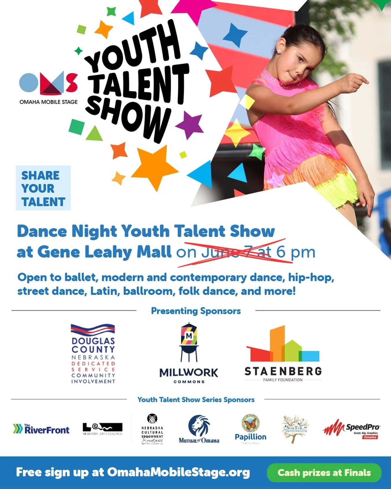 Due to the weather this afternoon, the Dance Night Youth Talent Show at Gene Leahy Mall @omaha_riverfront has been POSTPONED. 

We will post the new date/time soon!

If you are participating, please check your email.